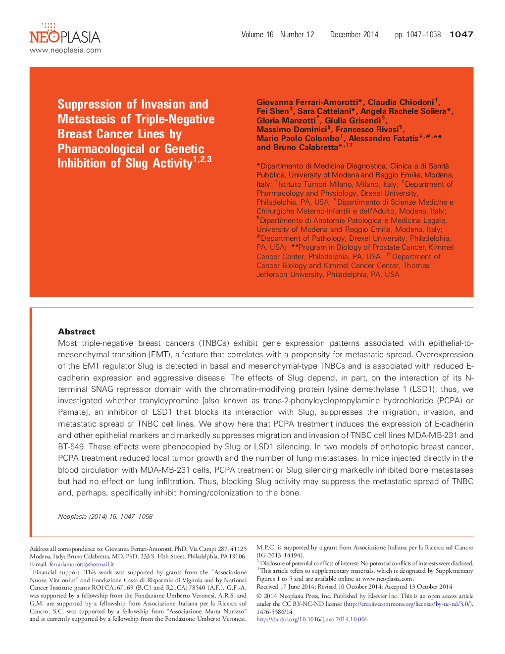 سرکوب تهاجم و متاستاز خطوط سرطان پستان سه گانه منفی با مهار فارماکولوژیک یا ژنتیکی فعالیت لجن 123 