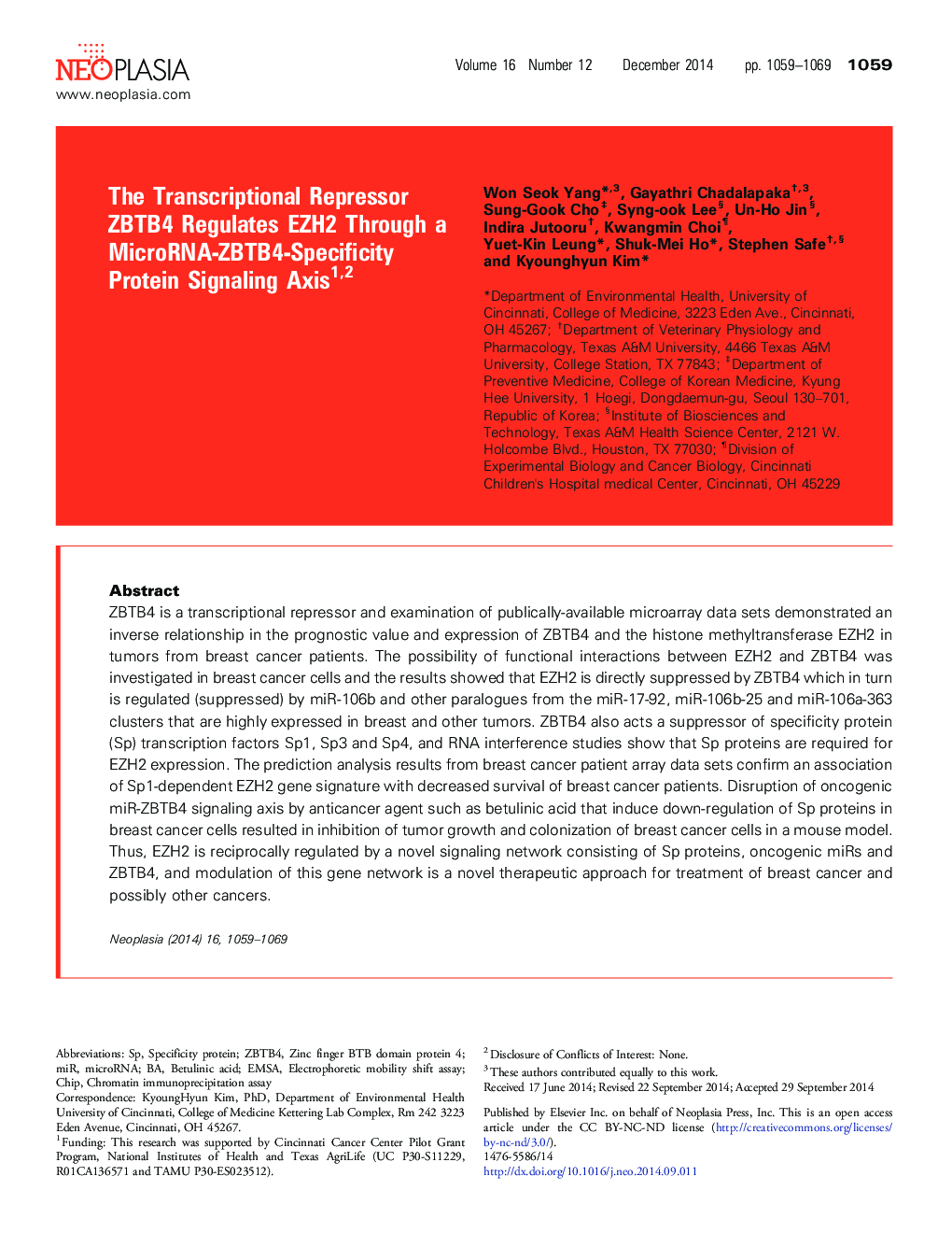 The Transcriptional Repressor ZBTB4 Regulates EZH2 Through a MicroRNA-ZBTB4-Specificity Protein Signaling Axis 12