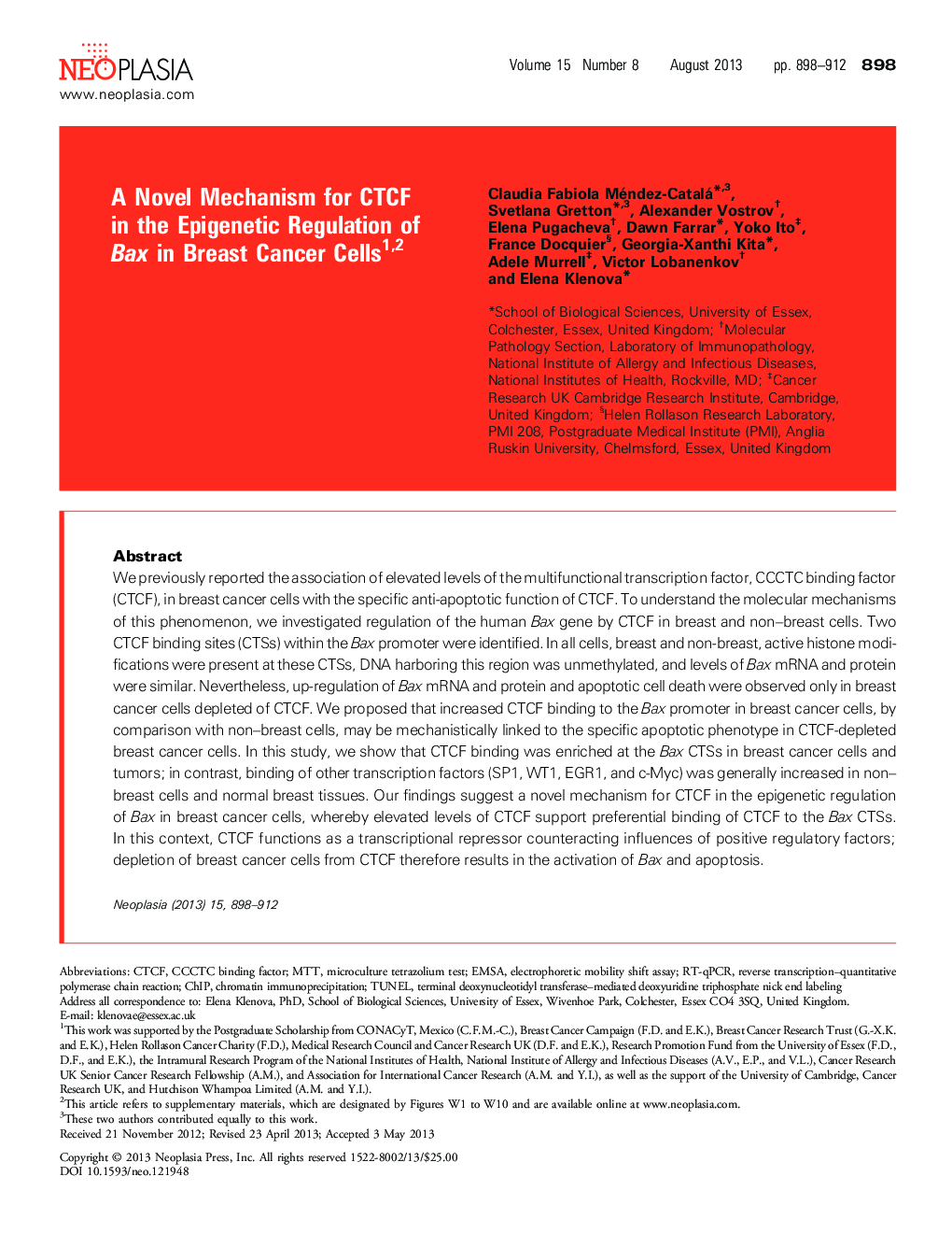 عکس صفحه اول مقاله: A Novel Mechanism for CTCF in the Epigenetic Regulation of Bax in Breast Cancer Cells A Novel Mechanism for CTCF in the Epigenetic Regulation of Bax in Breast Cancer Cells