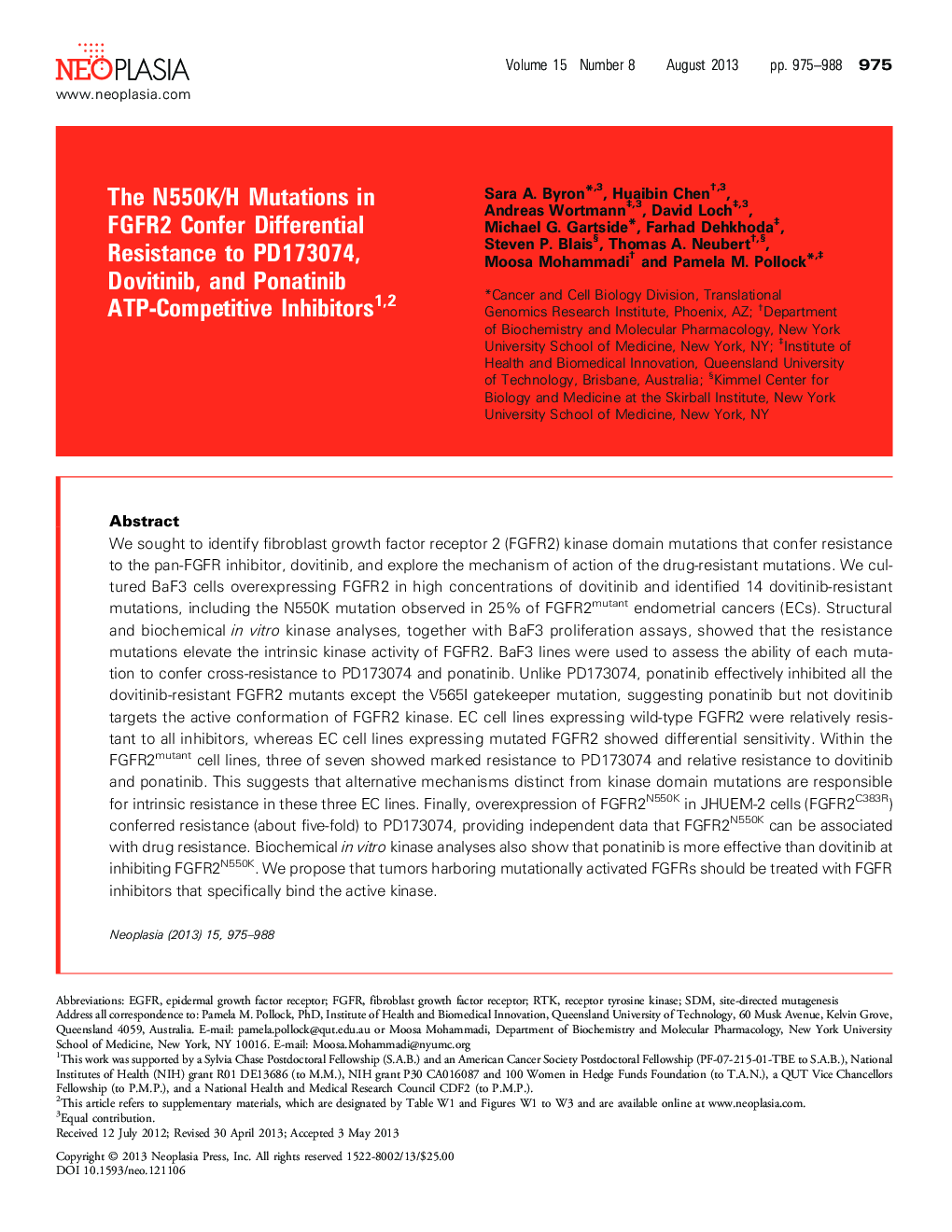 The N550K/H Mutations in FGFR2 Confer Differential Resistance to PD173074, Dovitinib, and Ponatinib ATP-Competitive Inhibitors