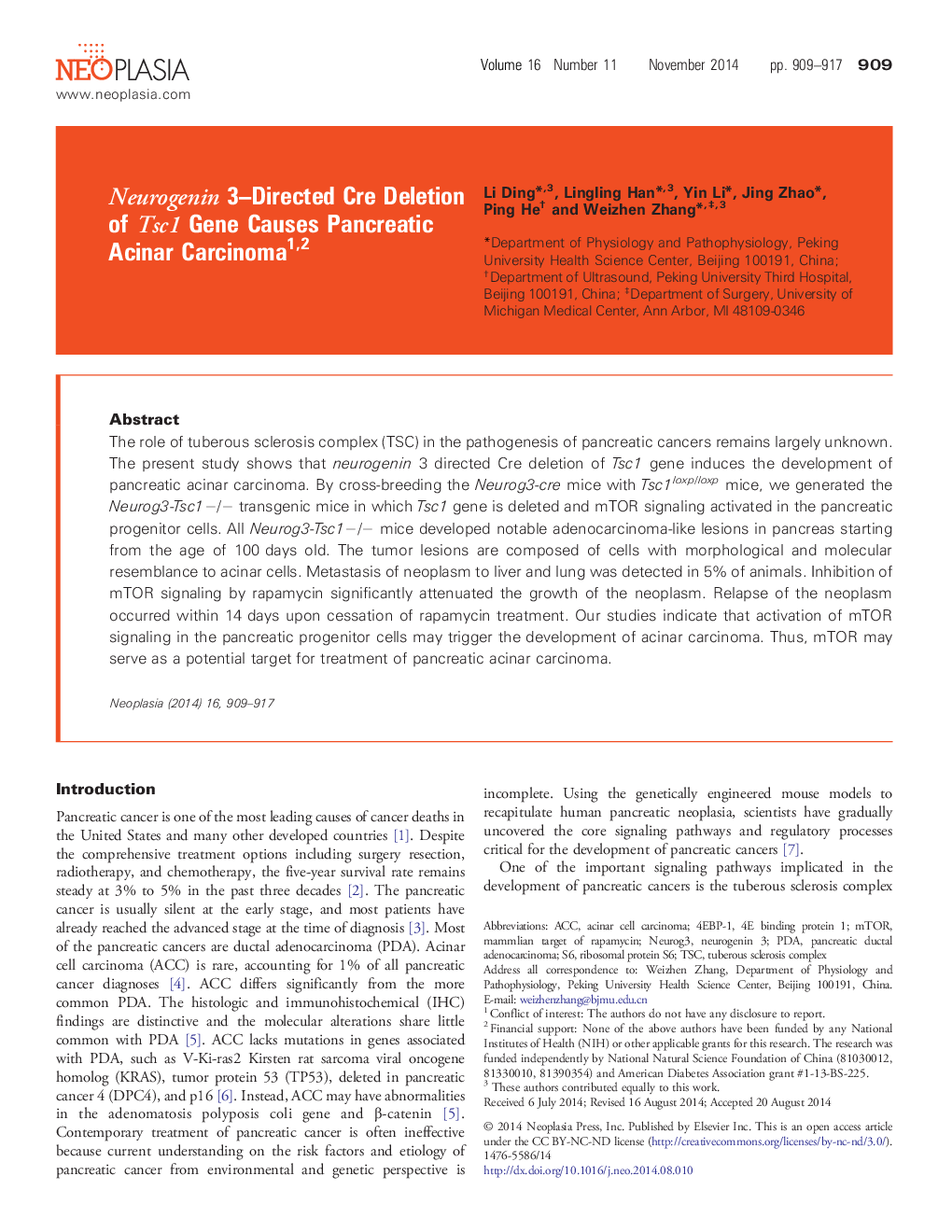 Neurogenin 3–Directed Cre Deletion of Tsc1 Gene Causes Pancreatic Acinar Carcinoma 12