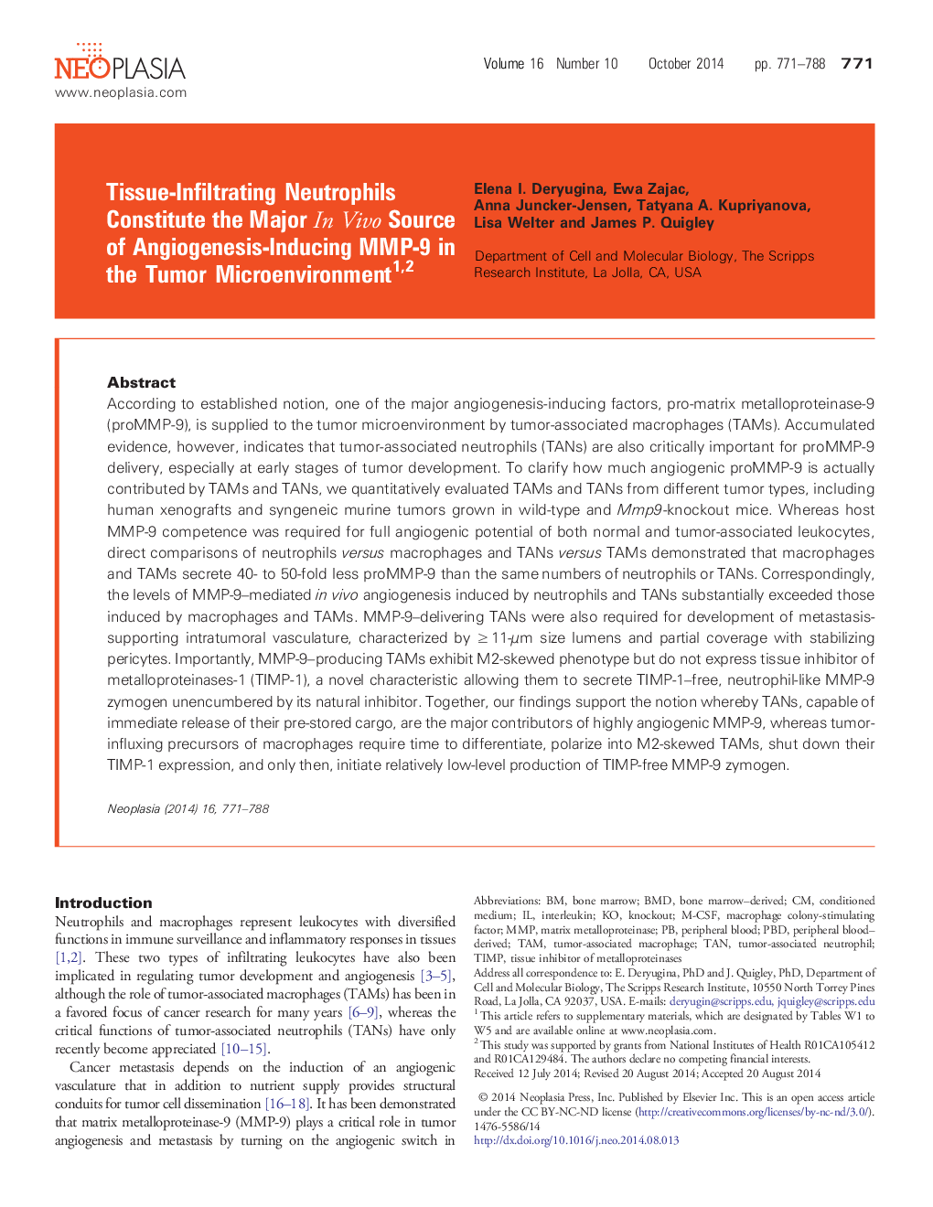 Tissue-Infiltrating Neutrophils Constitute the Major In Vivo Source of Angiogenesis-Inducing MMP-9 in the Tumor Microenvironment 12