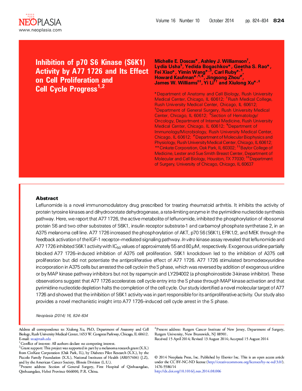 Inhibition of p70 S6 Kinase (S6K1) Activity by A77 1726 and Its Effect on Cell Proliferation and Cell Cycle Progress 12