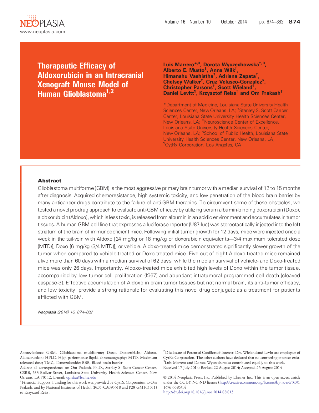 Therapeutic Efficacy of Aldoxorubicin in an Intracranial Xenograft Mouse Model of Human Glioblastoma 12