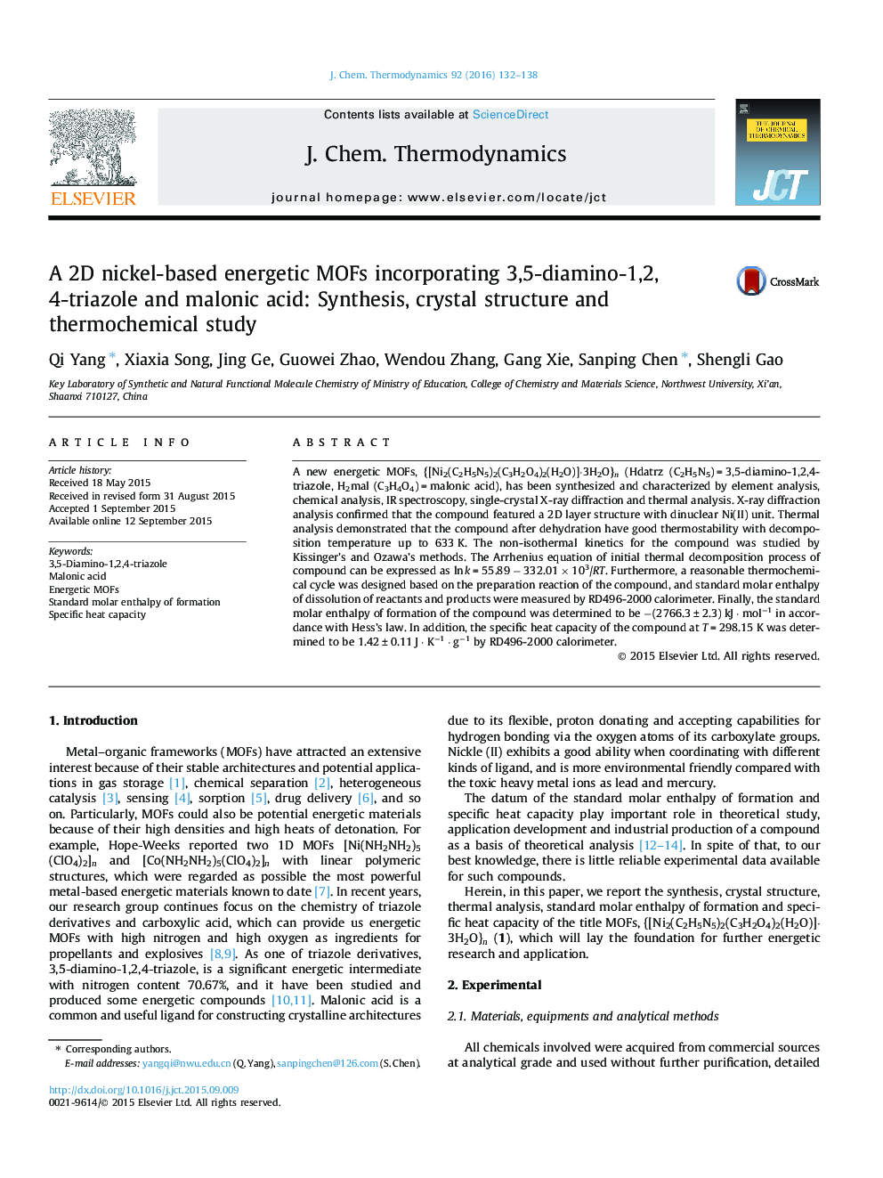 A 2D nickel-based energetic MOFs incorporating 3,5-diamino-1,2,4-triazole and malonic acid: Synthesis, crystal structure and thermochemical study