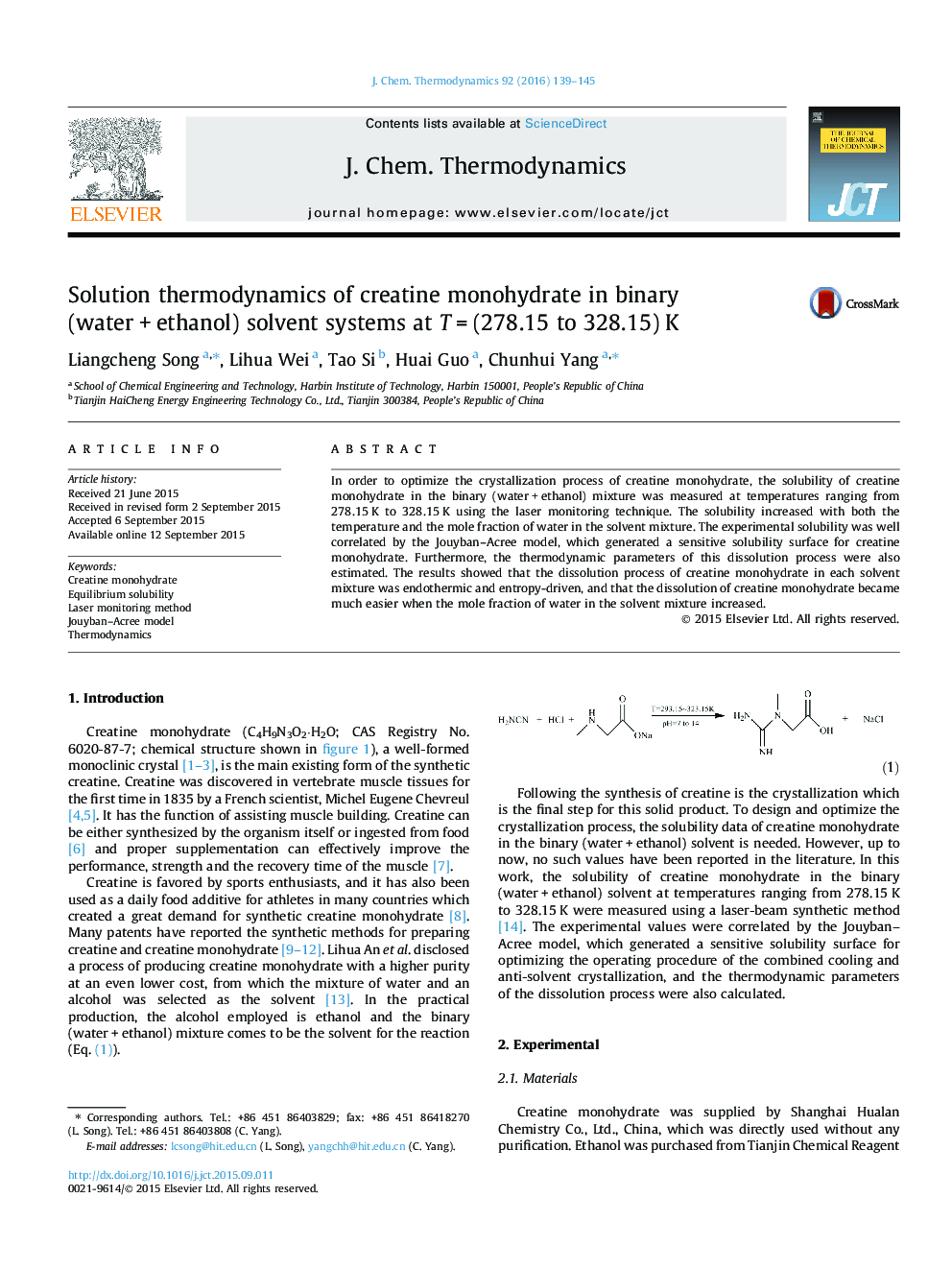 Solution thermodynamics of creatine monohydrate in binary (water + ethanol) solvent systems at T = (278.15 to 328.15) K