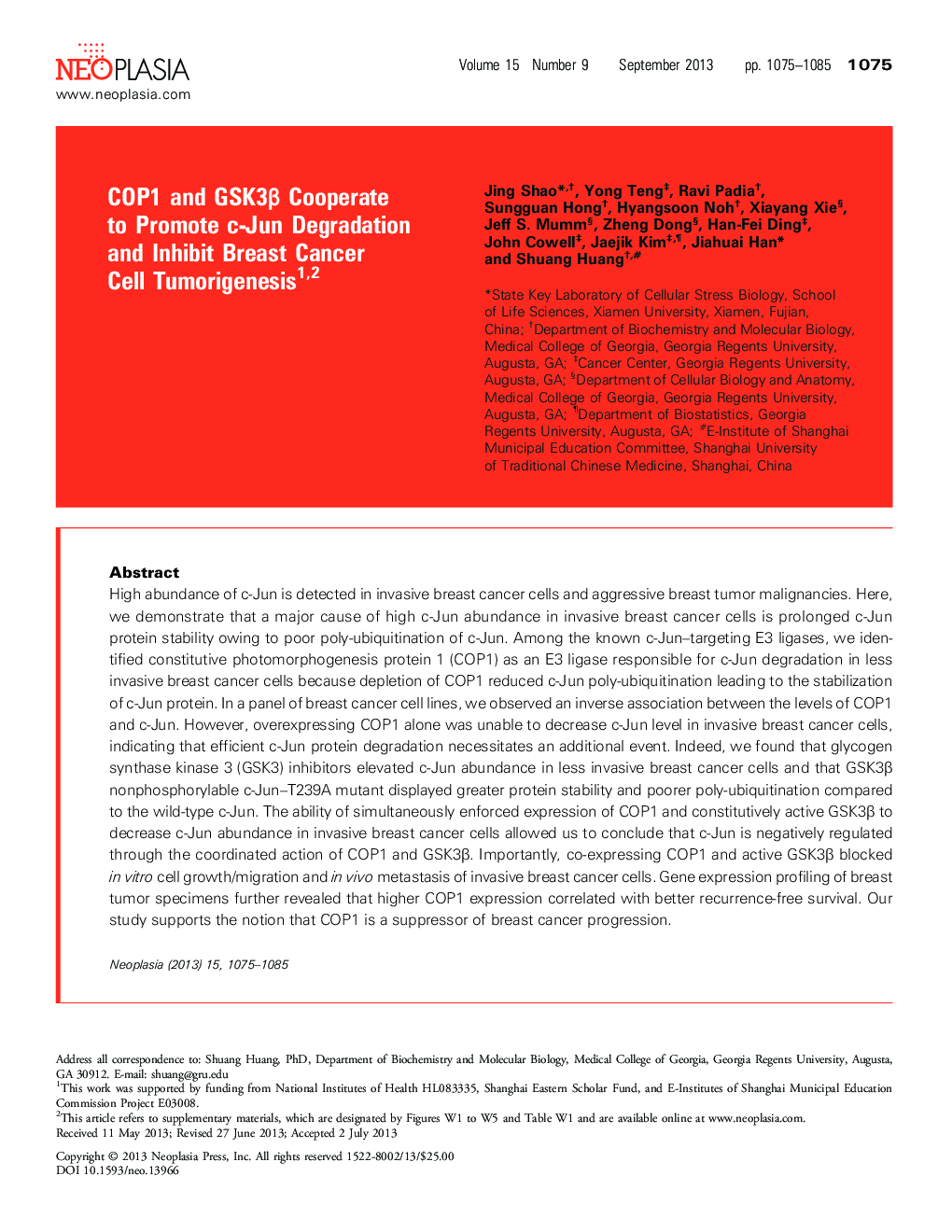 COP1 and GSK3Î² Cooperate to Promote c-Jun Degradation and Inhibit Breast Cancer Cell Tumorigenesis