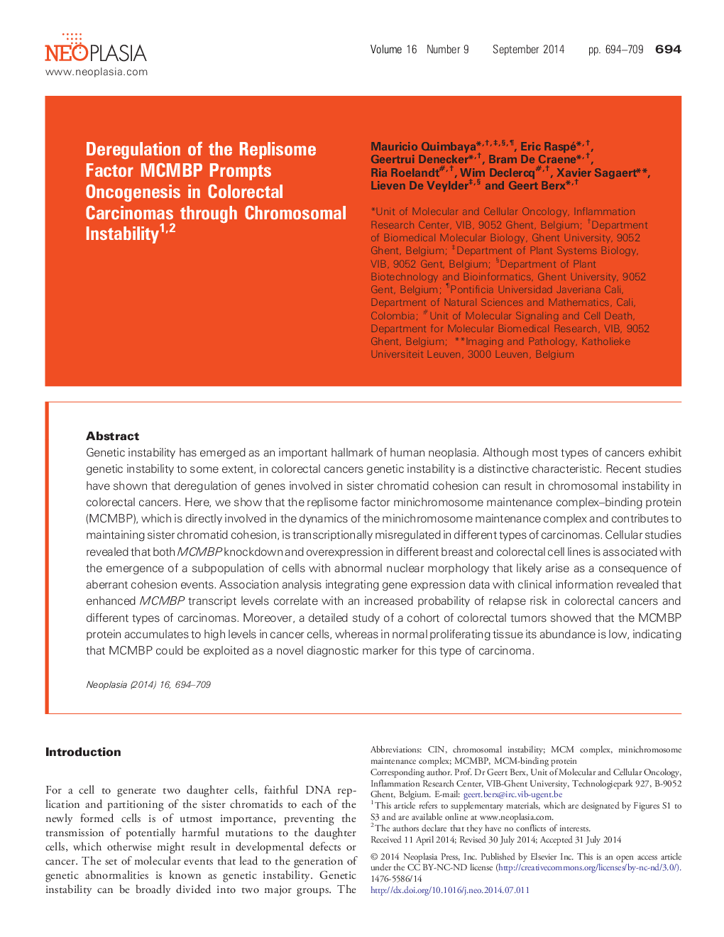 Deregulation of the Replisome Factor MCMBP Prompts Oncogenesis in Colorectal Carcinomas through Chromosomal Instability 12