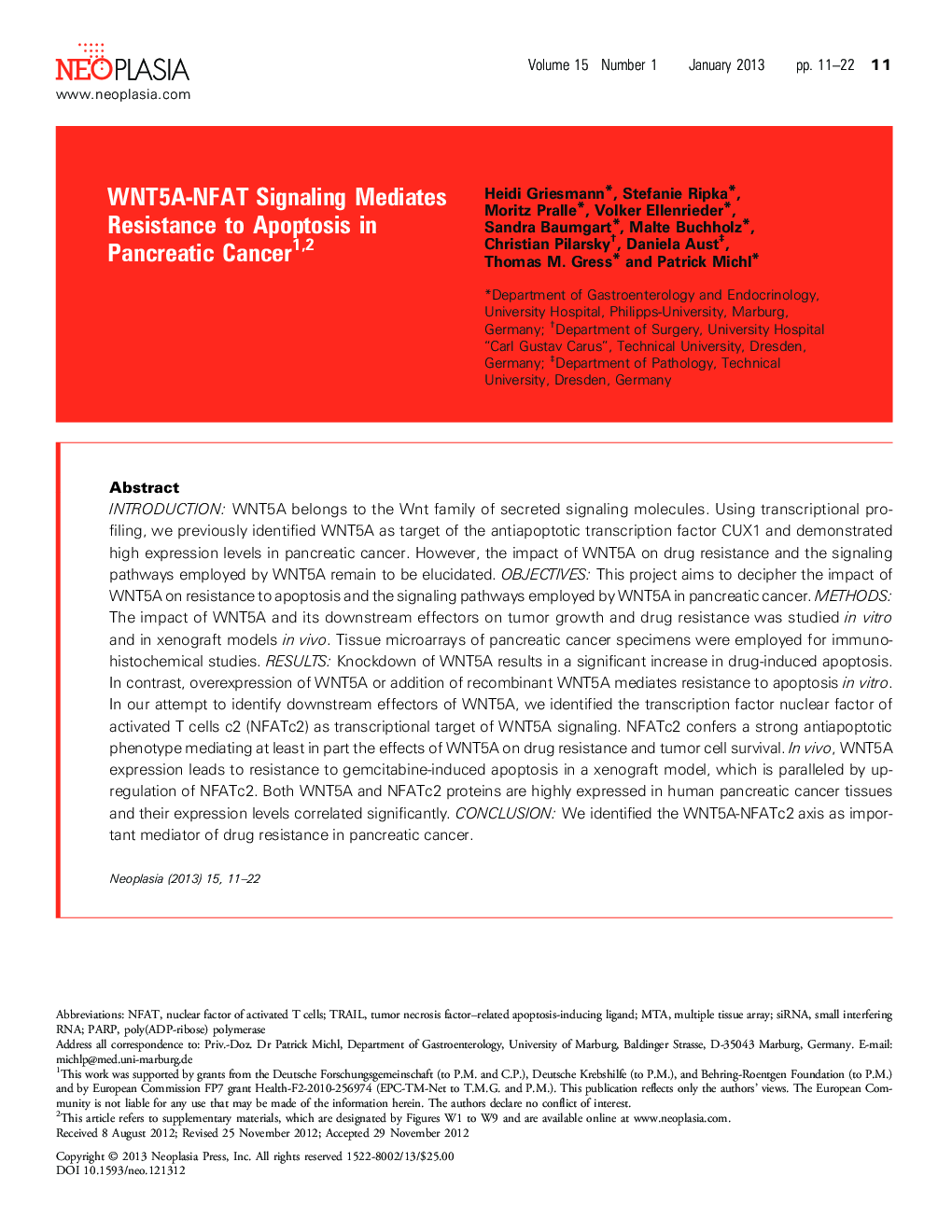 WNT5A-NFAT Signaling Mediates Resistance to Apoptosis in Pancreatic Cancer