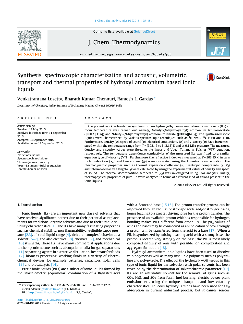 Synthesis, spectroscopic characterization and acoustic, volumetric, transport and thermal properties of hydroxyl ammonium based ionic liquids