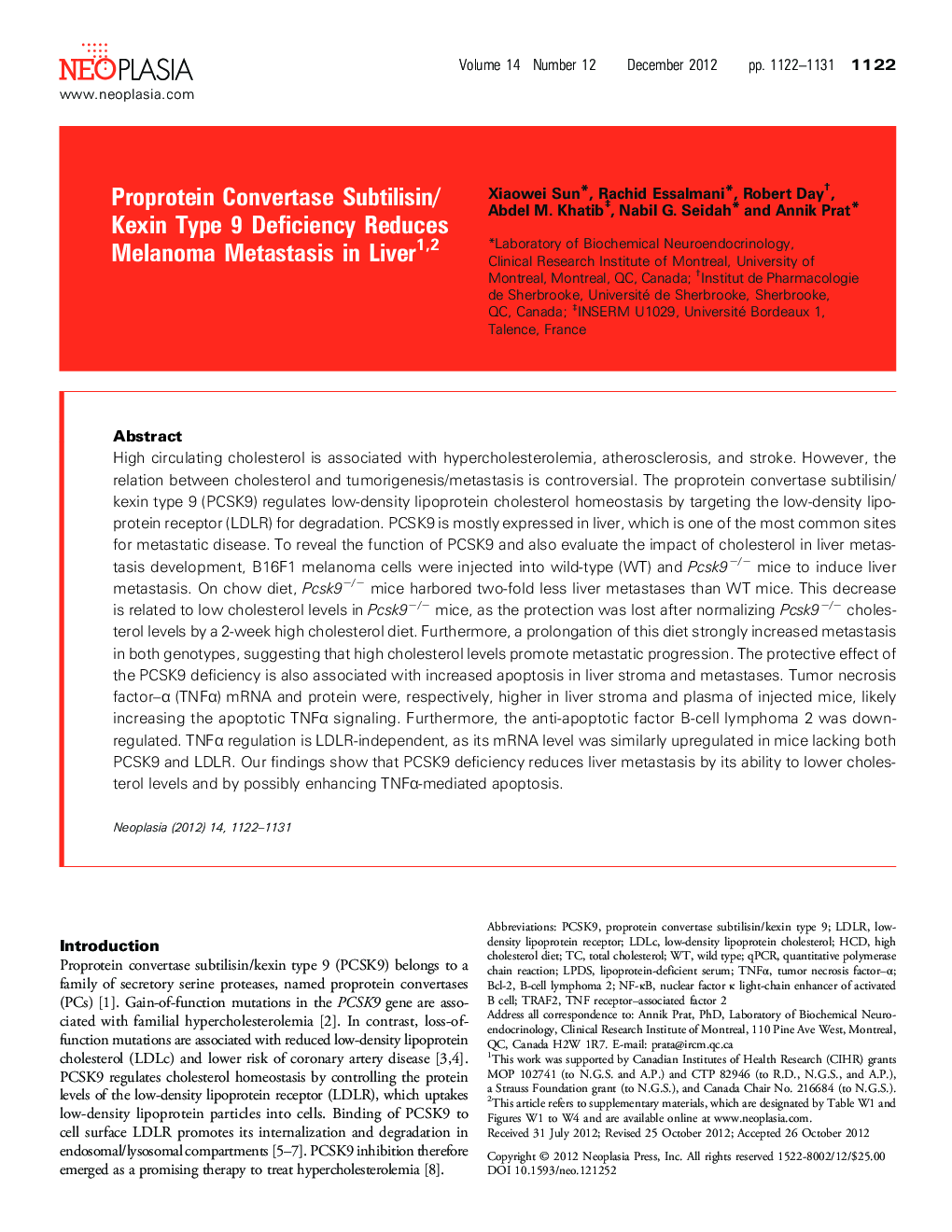 Proprotein Convertase Subtilisin/Kexin Type 9 Deficiency Reduces Melanoma Metastasis in Liver