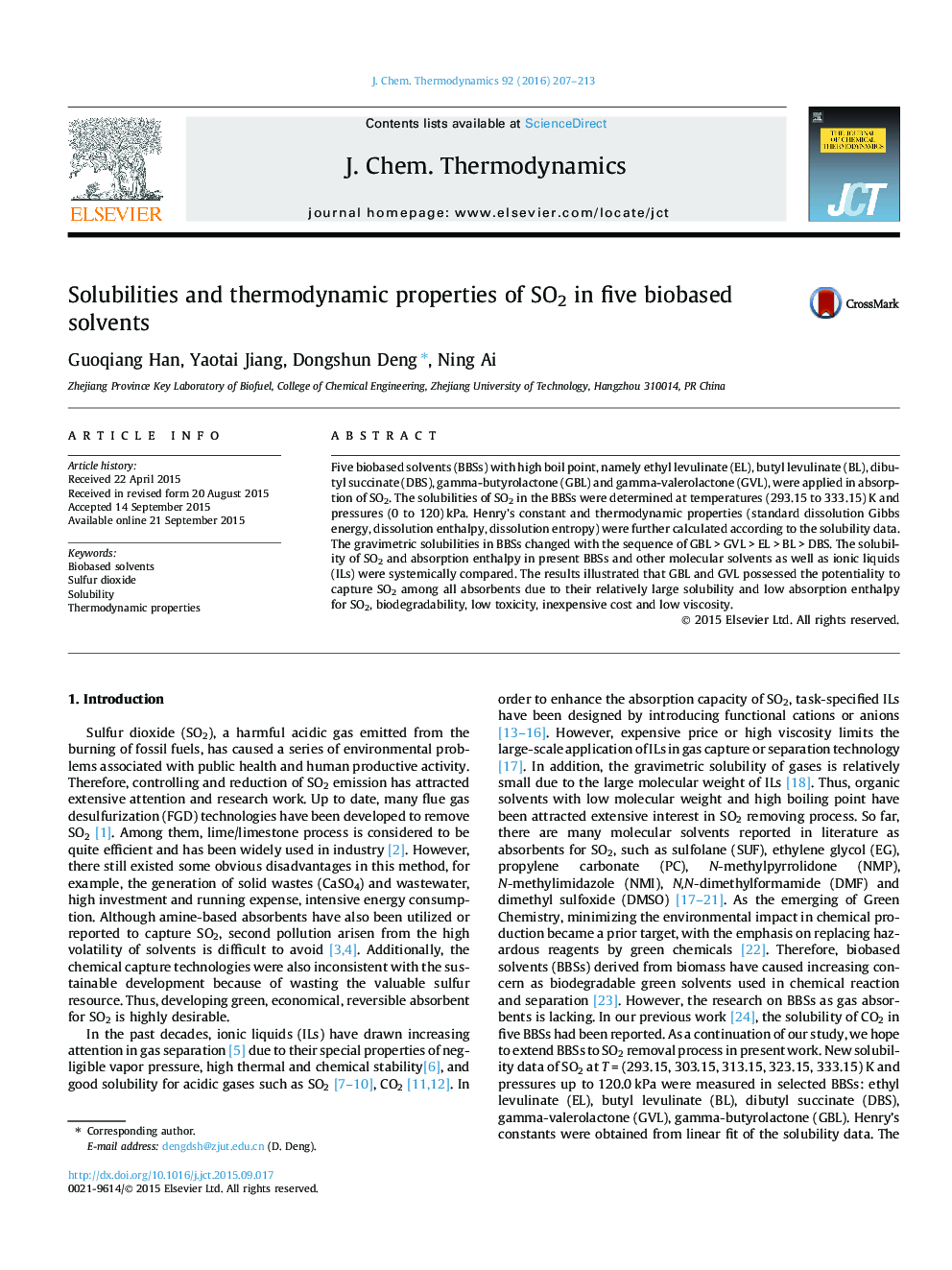 عکس صفحه اول مقاله: Solubilities and thermodynamic properties of SO2 in five biobased solvents Solubilities and thermodynamic properties of SO2 in five biobased solvents