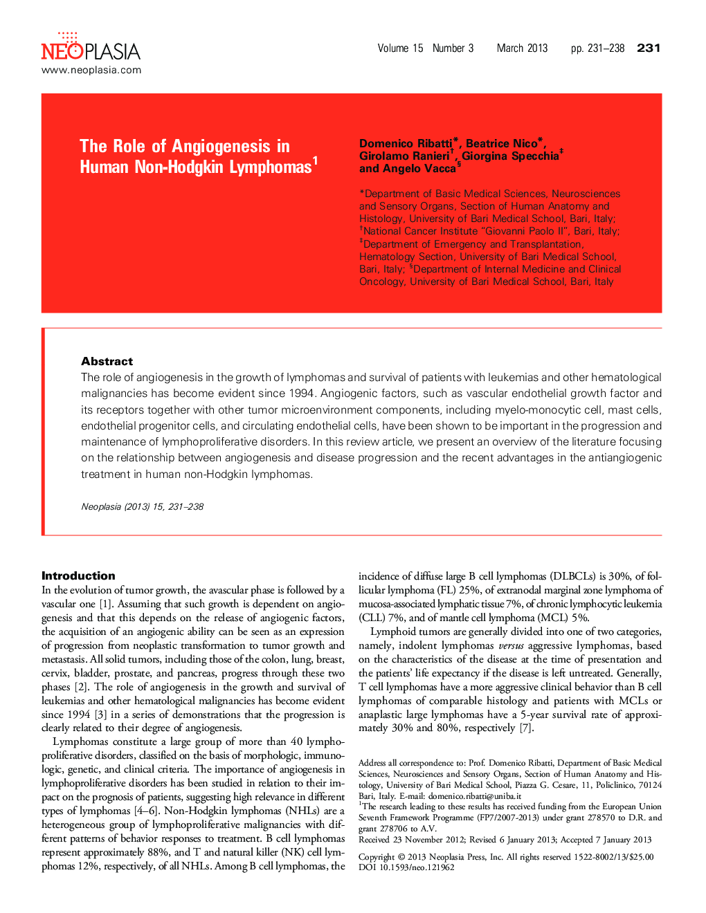 The Role of Angiogenesis in Human Non-Hodgkin Lymphomas 1