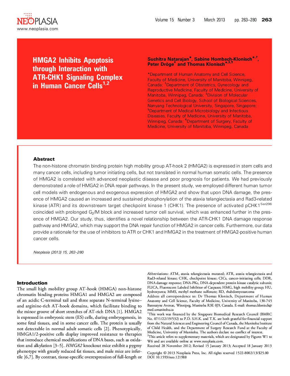 HMGA2 Inhibits Apoptosis through Interaction with ATR-CHK1 Signaling Complex in Human Cancer Cells