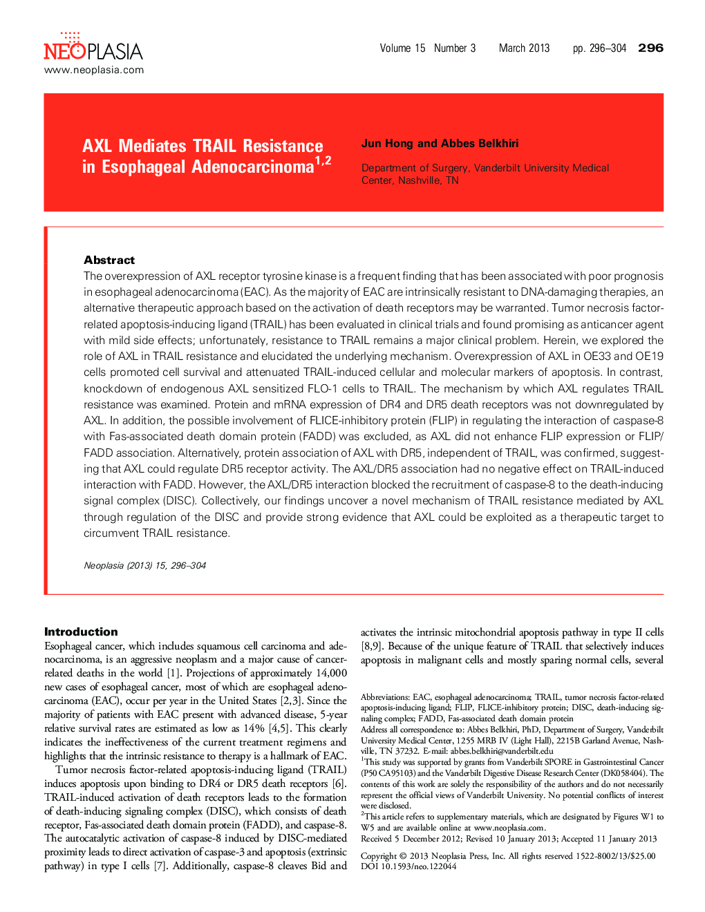 AXL Mediates TRAIL Resistance in Esophageal Adenocarcinoma