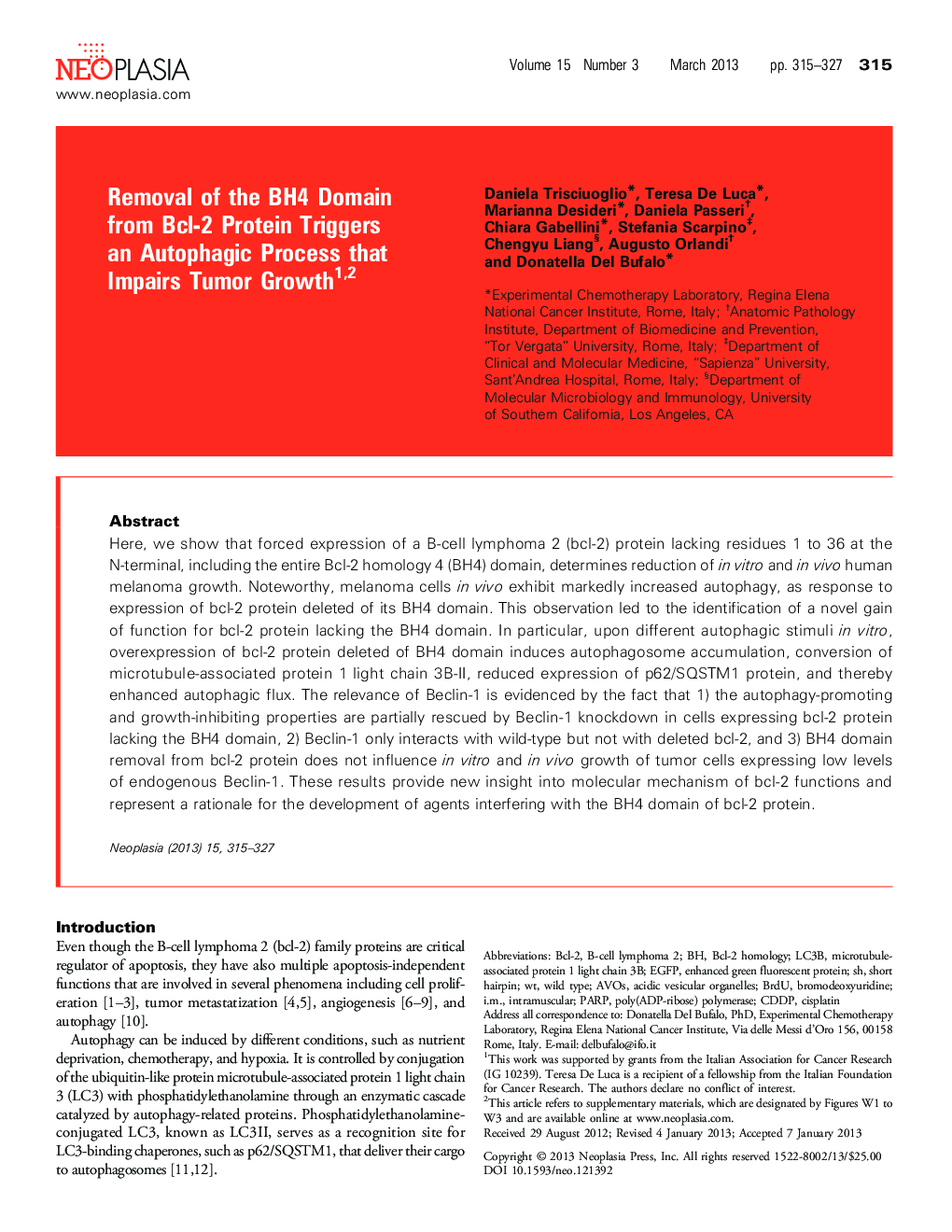 Removal of the BH4 Domain from Bcl-2 Protein Triggers an Autophagic Process that Impairs Tumor Growth