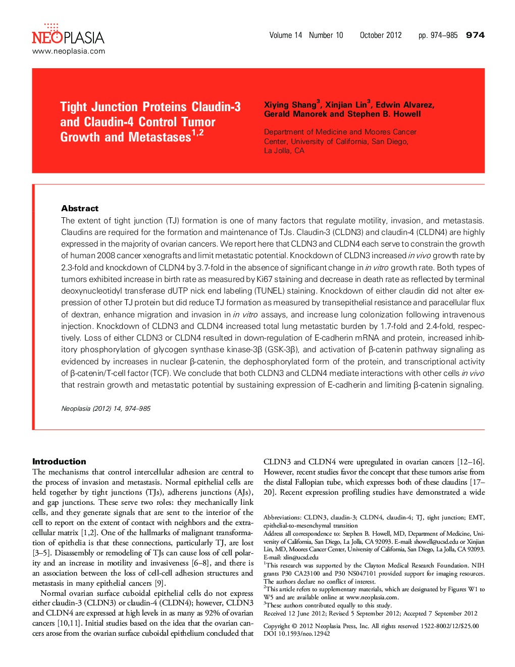 Tight Junction Proteins Claudin-3 and Claudin-4 Control Tumor Growth and Metastases