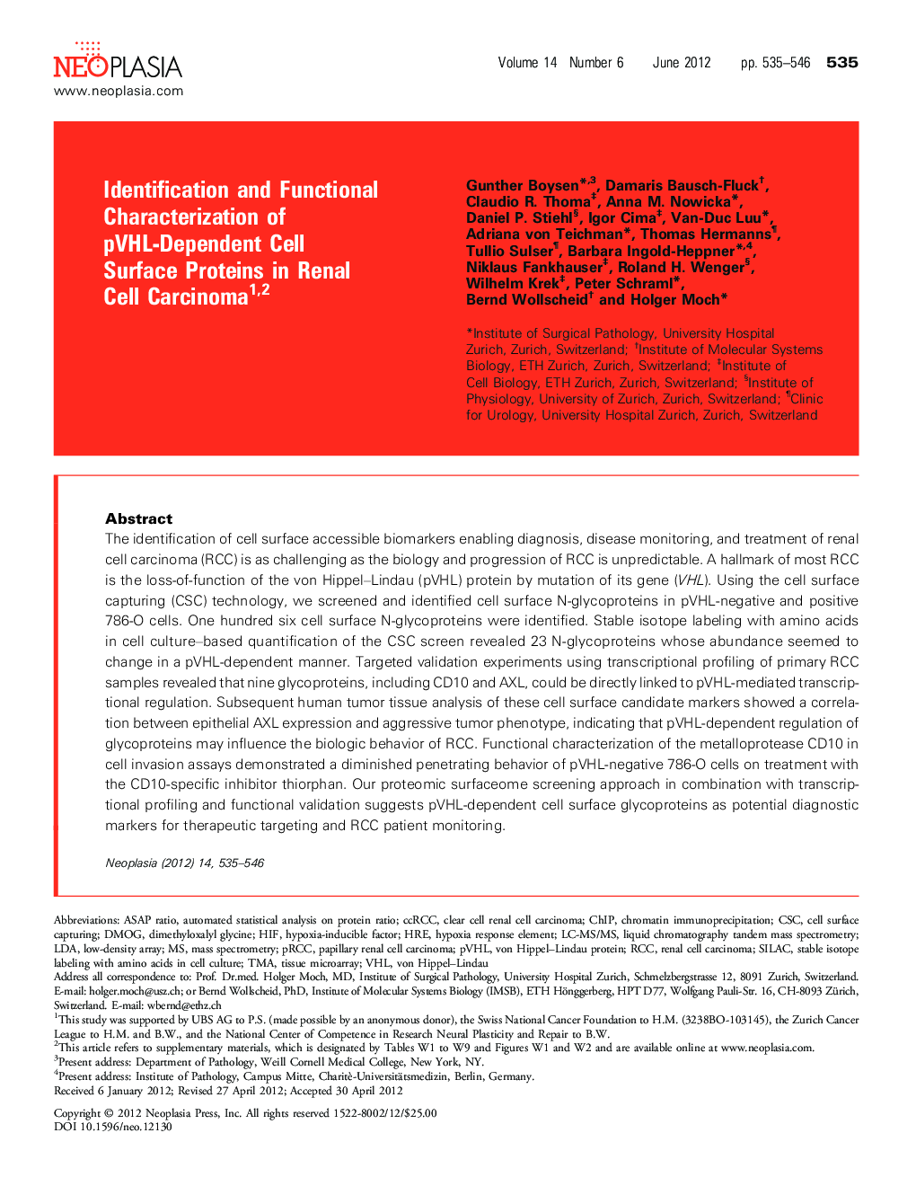 Identification and Functional Characterization of pVHL-Dependent Cell Surface Proteins in Renal Cell Carcinoma