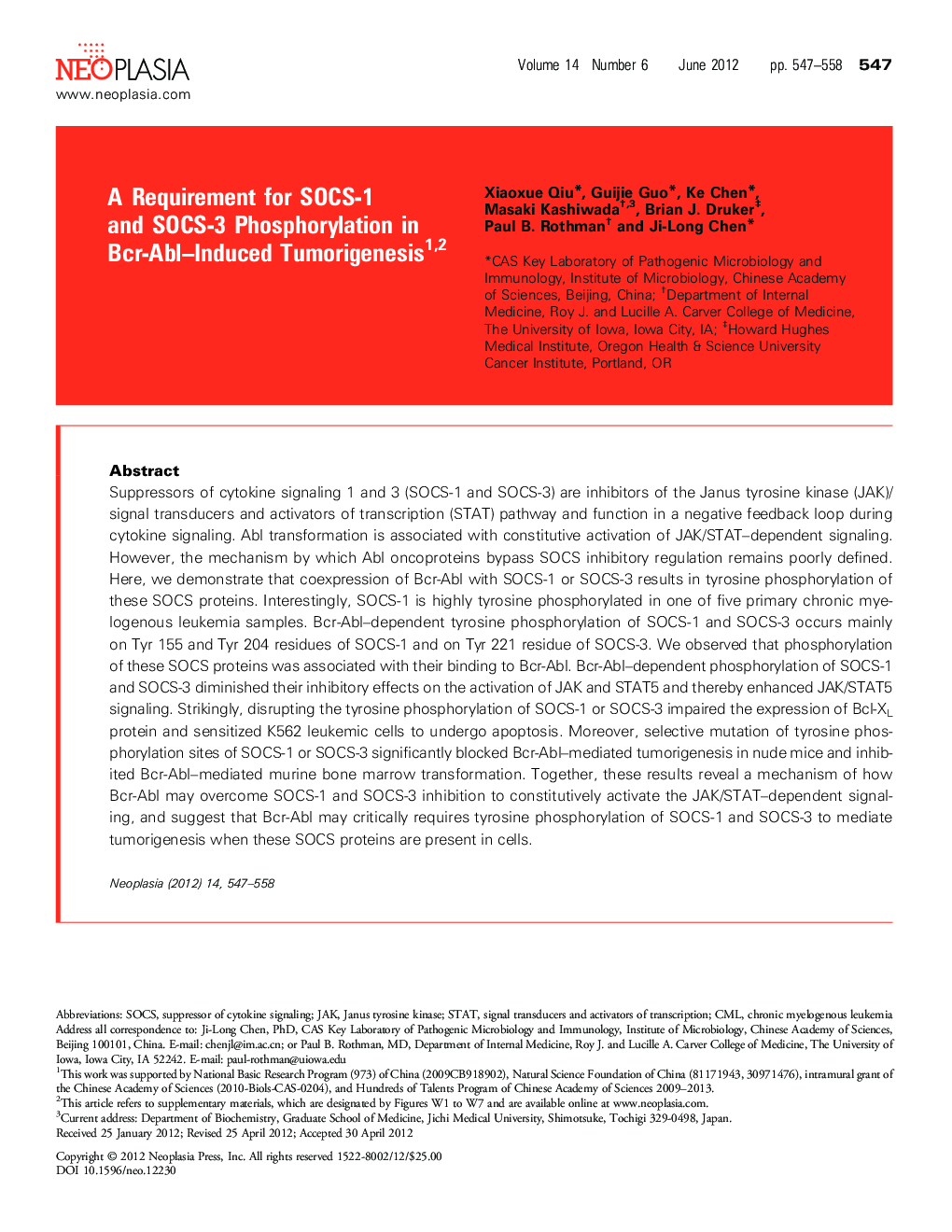 A Requirement for SOCS-1 and SOCS-3 Phosphorylation in Bcr-Abl-Induced Tumorigenesis