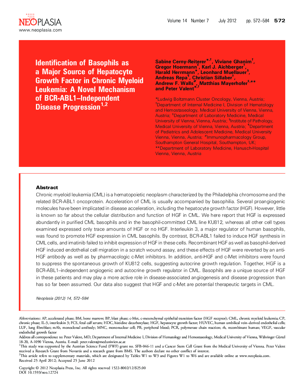 Identification of Basophils as a Major Source of Hepatocyte Growth Factor in Chronic Myeloid Leukemia: A Novel Mechanism of BCR-ABL1-Independent Disease Progression