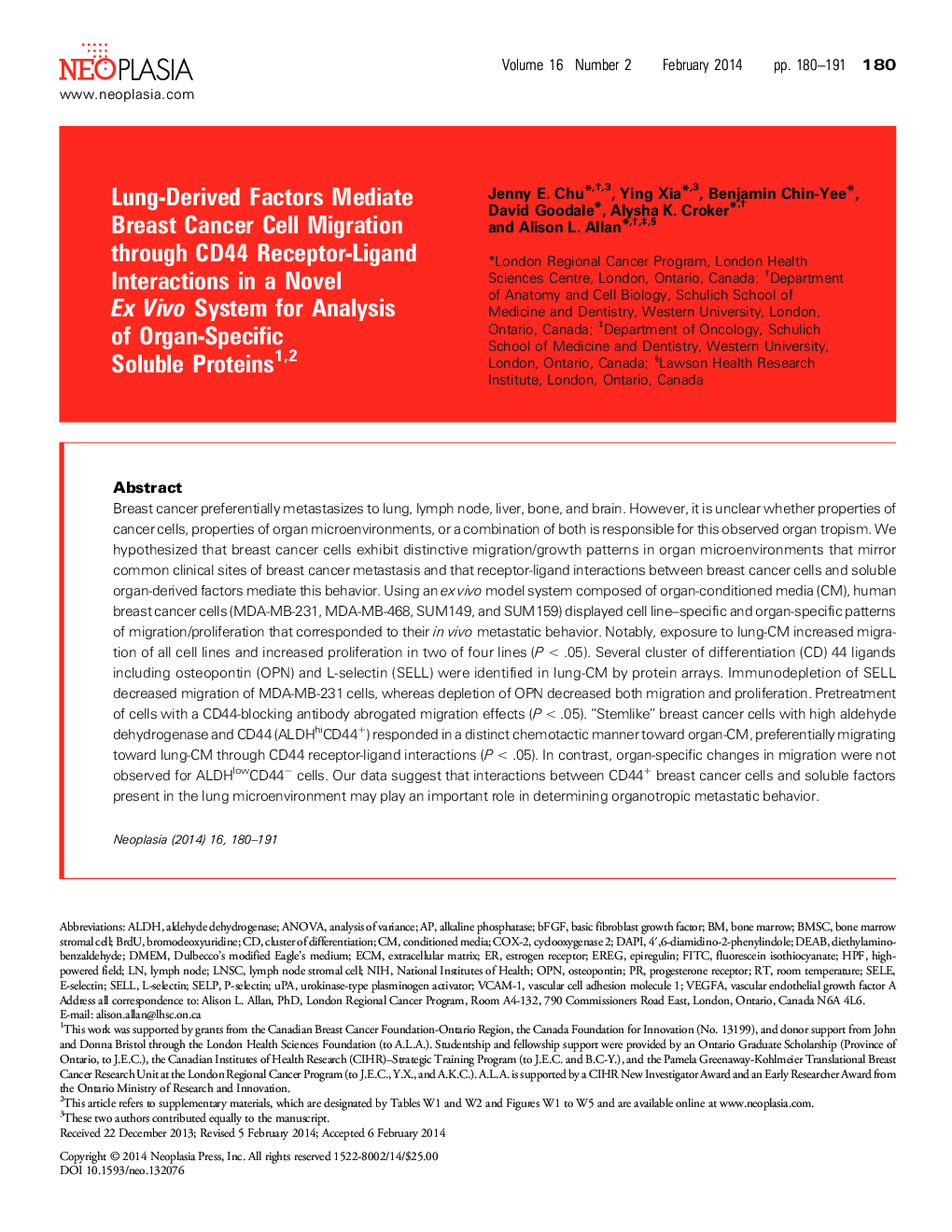 Lung-Derived Factors Mediate Breast Cancer Cell Migration through CD44 Receptor-Ligand Interactions in a Novel Ex Vivo System for Analysis of Organ-Specific Soluble Proteins