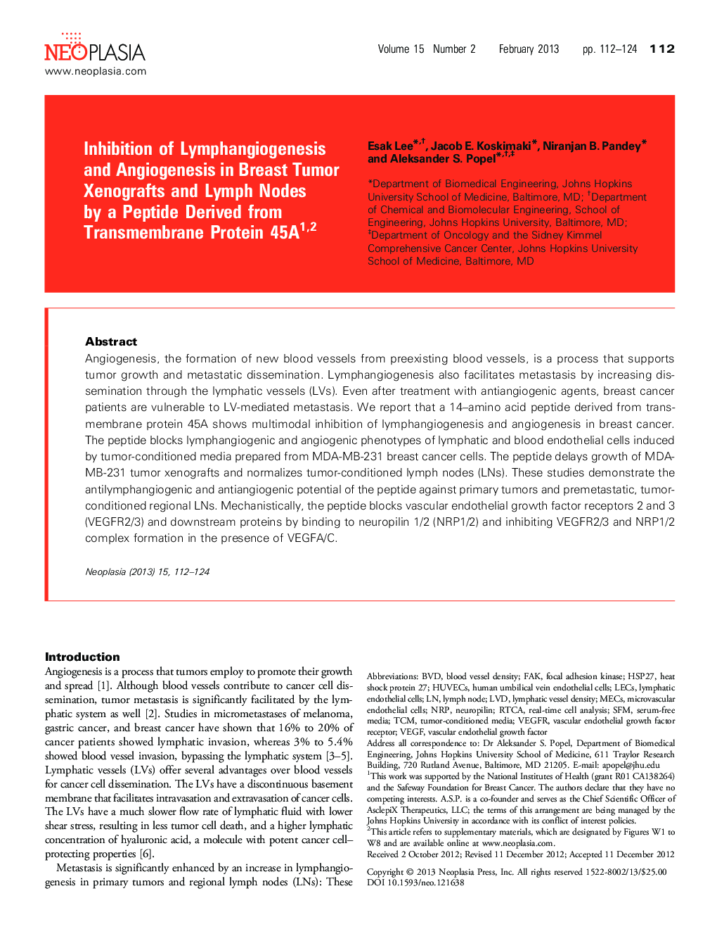 Inhibition of Lymphangiogenesis and Angiogenesis in Breast Tumor Xenografts and Lymph Nodes by a Peptide Derived from Transmembrane Protein 45A