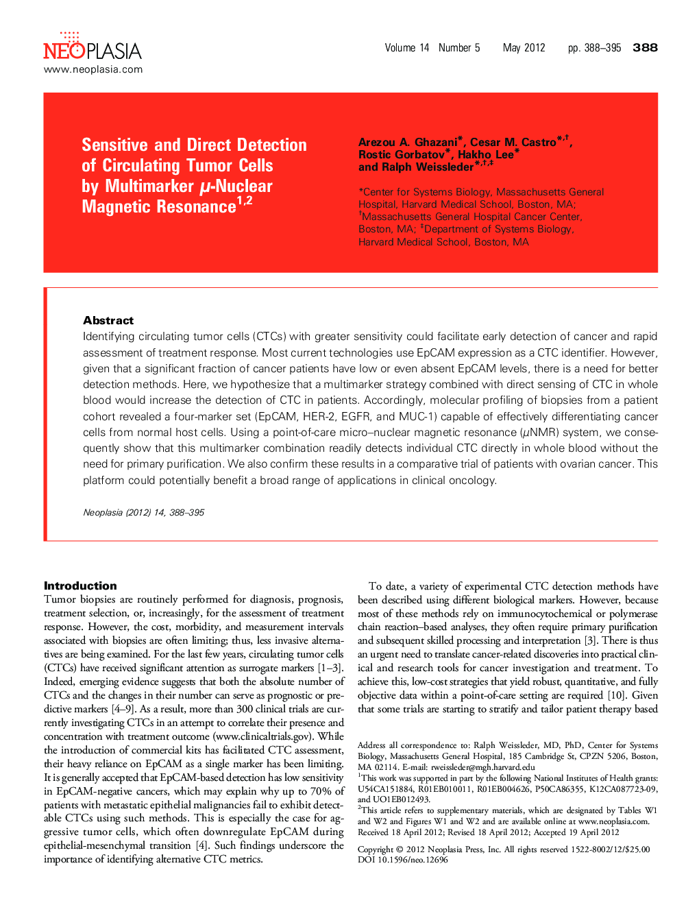 Sensitive and Direct Detection of Circulating Tumor Cells by Multimarker µ-Nuclear Magnetic Resonance 12
