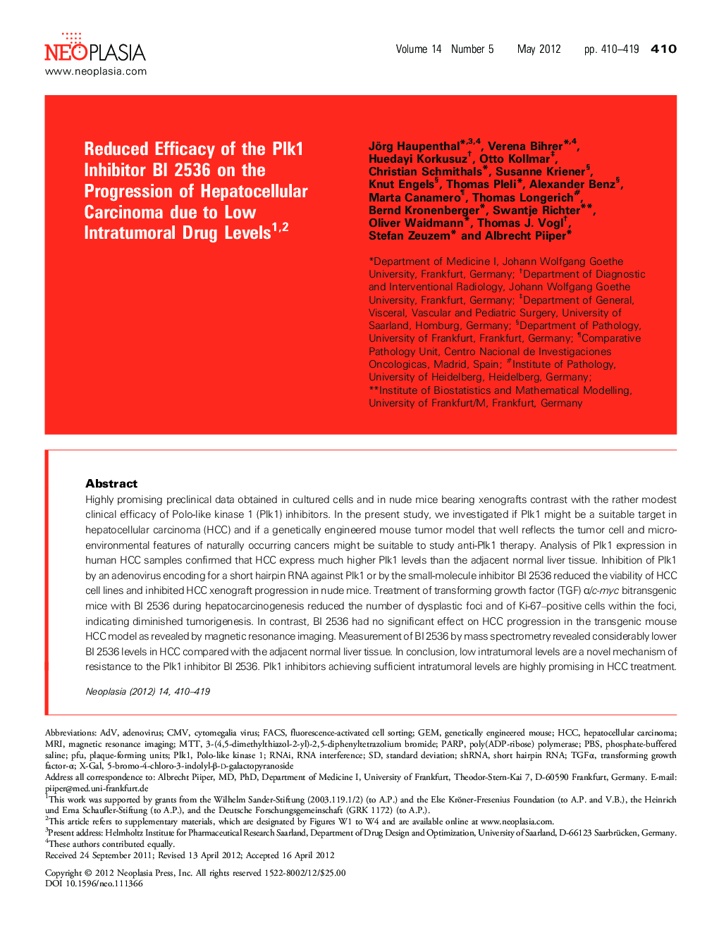 Reduced Efficacy of the Plk1 Inhibitor BI 2536 on the Progression of Hepatocellular Carcinoma due to Low Intratumoral Drug Levels