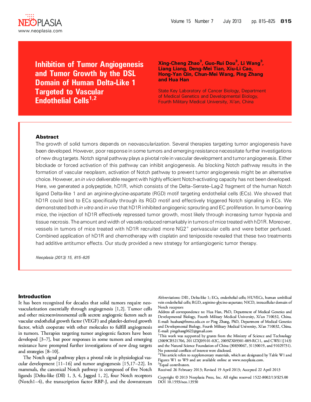 Inhibition of Tumor Angiogenesis and Tumor Growth by the DSL Domain of Human Delta-Like 1 Targeted to Vascular Endothelial Cells