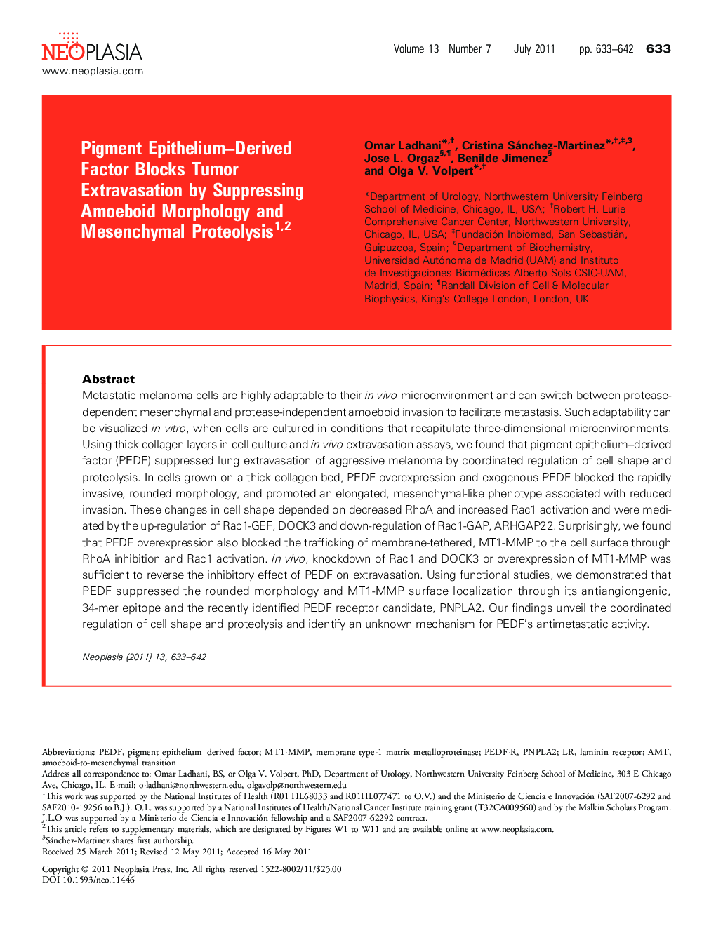 Pigment Epithelium-Derived Factor Blocks Tumor Extravasation by Suppressing Amoeboid Morphology and Mesenchymal Proteolysis