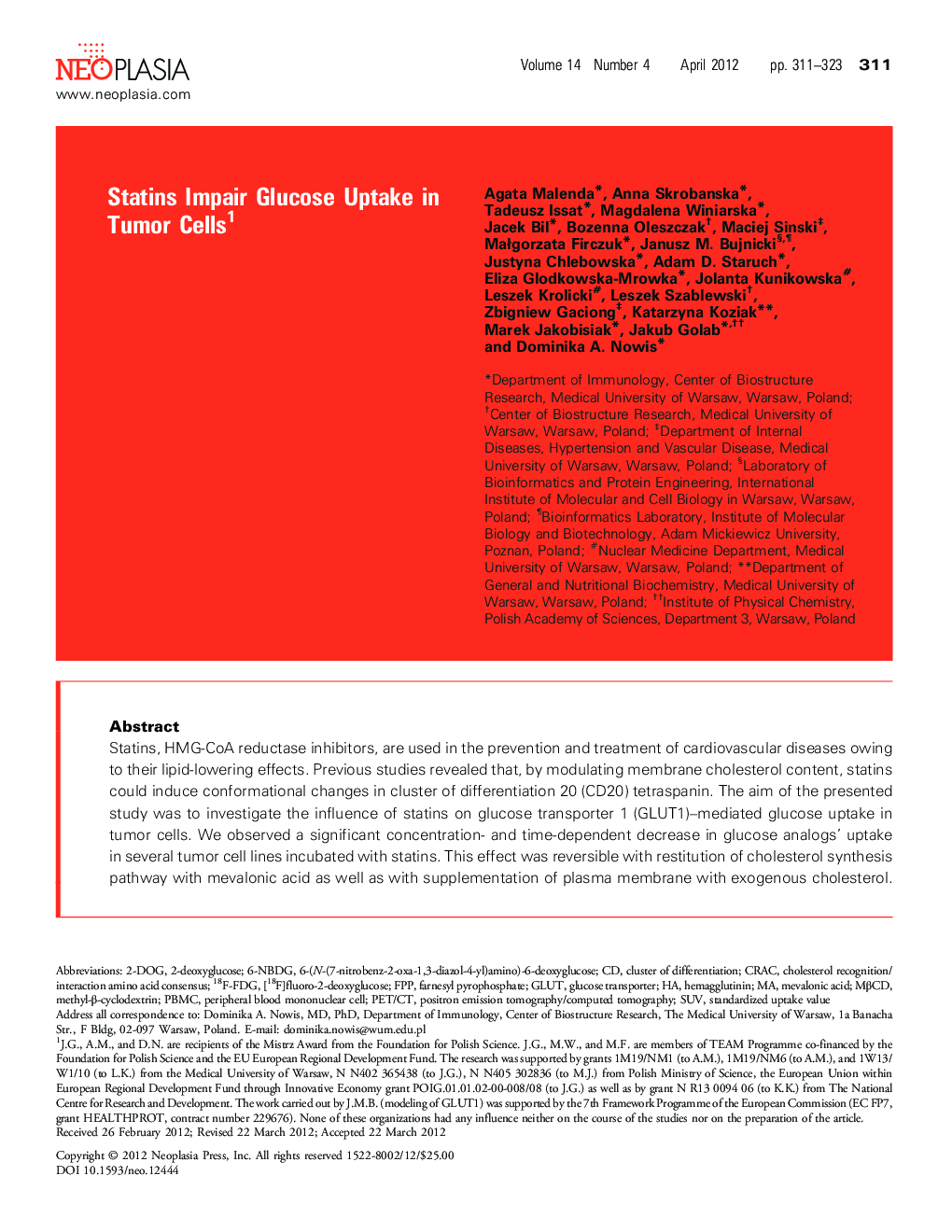 Statins Impair Glucose Uptake in Tumor Cells