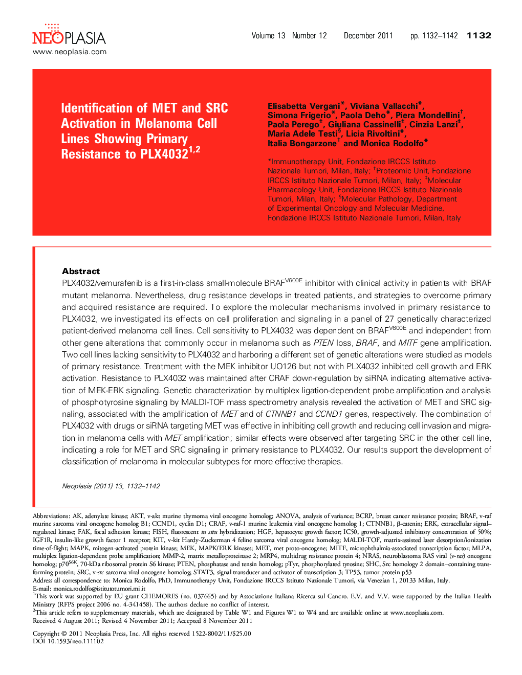 Identification of MET and SRC Activation in Melanoma Cell Lines Showing Primary Resistance to PLX4032