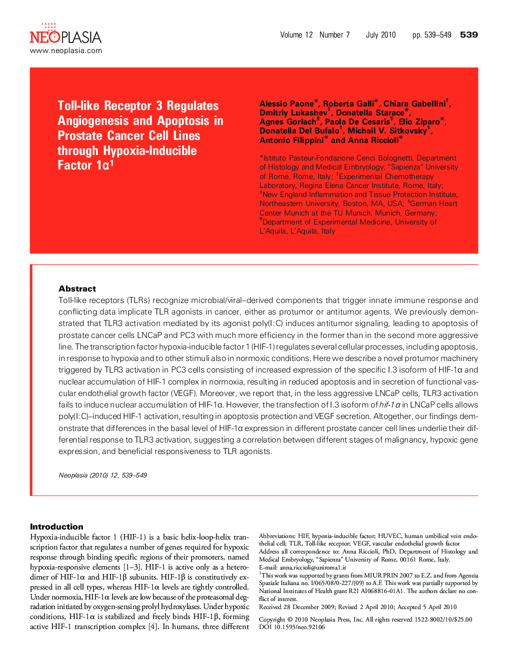 Toll-like Receptor 3 Regulates Angiogenesis and Apoptosis in Prostate Cancer Cell Lines through Hypoxia-Inducible Factor 1α 1