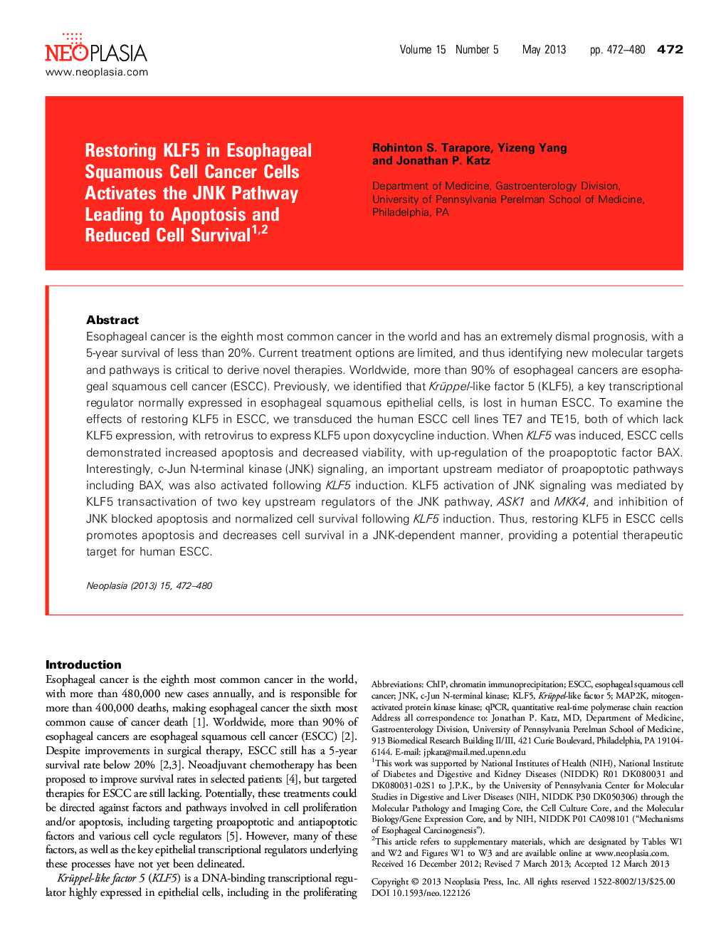 Restoring KLF5 in Esophageal Squamous Cell Cancer Cells Activates the JNK Pathway Leading to Apoptosis and Reduced Cell Survival