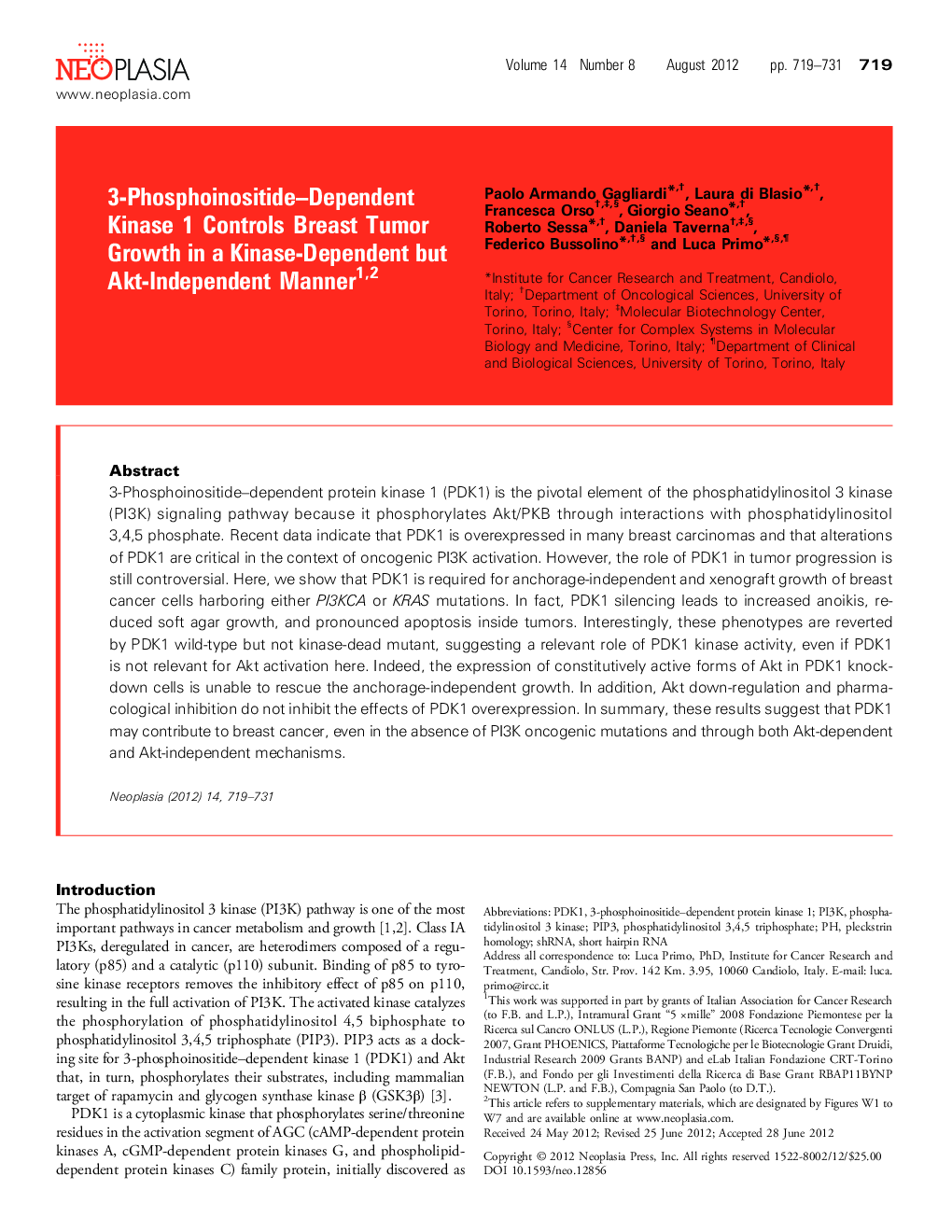 3-Phosphoinositide-Dependent Kinase 1 Controls Breast Tumor Growth in a Kinase-Dependent but Akt-Independent Manner