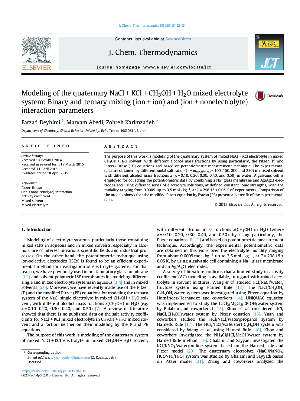 Modeling of the quaternary NaCl + KCl + CH3OH + H2O mixed electrolyte system: Binary and ternary mixing (ion + ion) and (ion + nonelectrolyte) interaction parameters