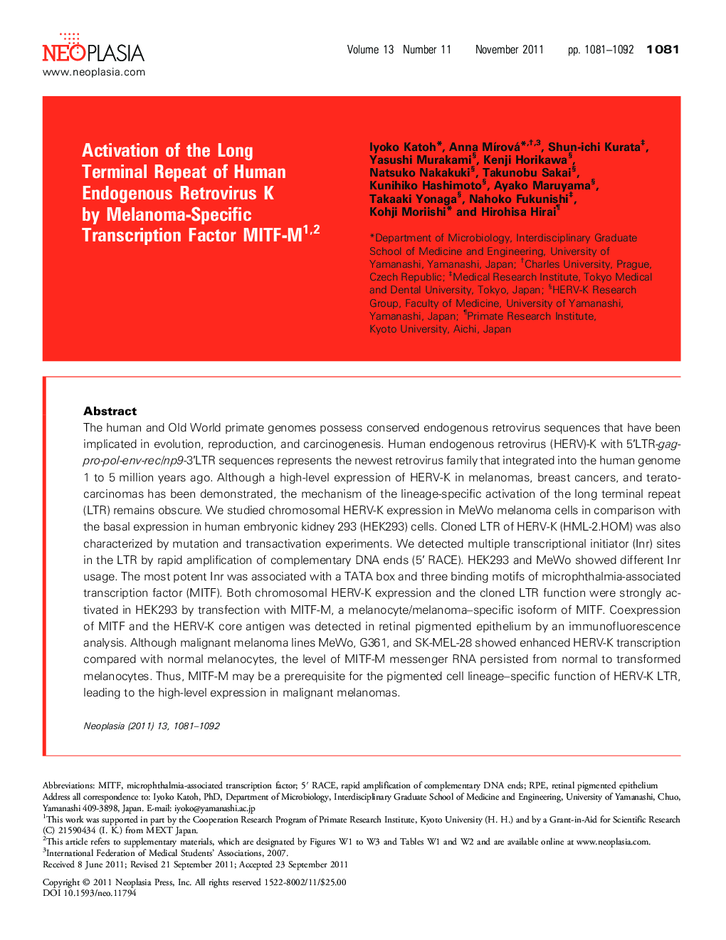 Activation of the Long Terminal Repeat of Human Endogenous Retrovirus K by Melanoma-Specific Transcription Factor MITF-M