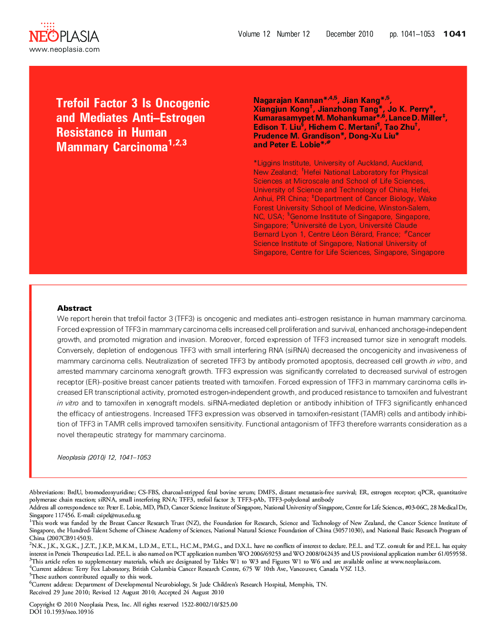 Trefoil Factor 3 Is Oncogenic and Mediates Anti-Estrogen Resistance in Human Mammary Carcinoma