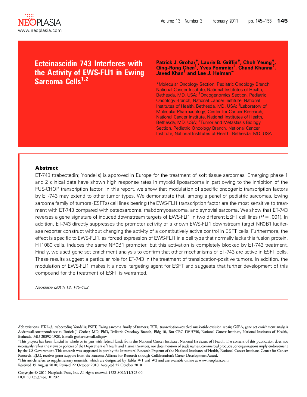 Ecteinascidin 743 Interferes with the Activity of EWS-FLI1 in Ewing Sarcoma Cells