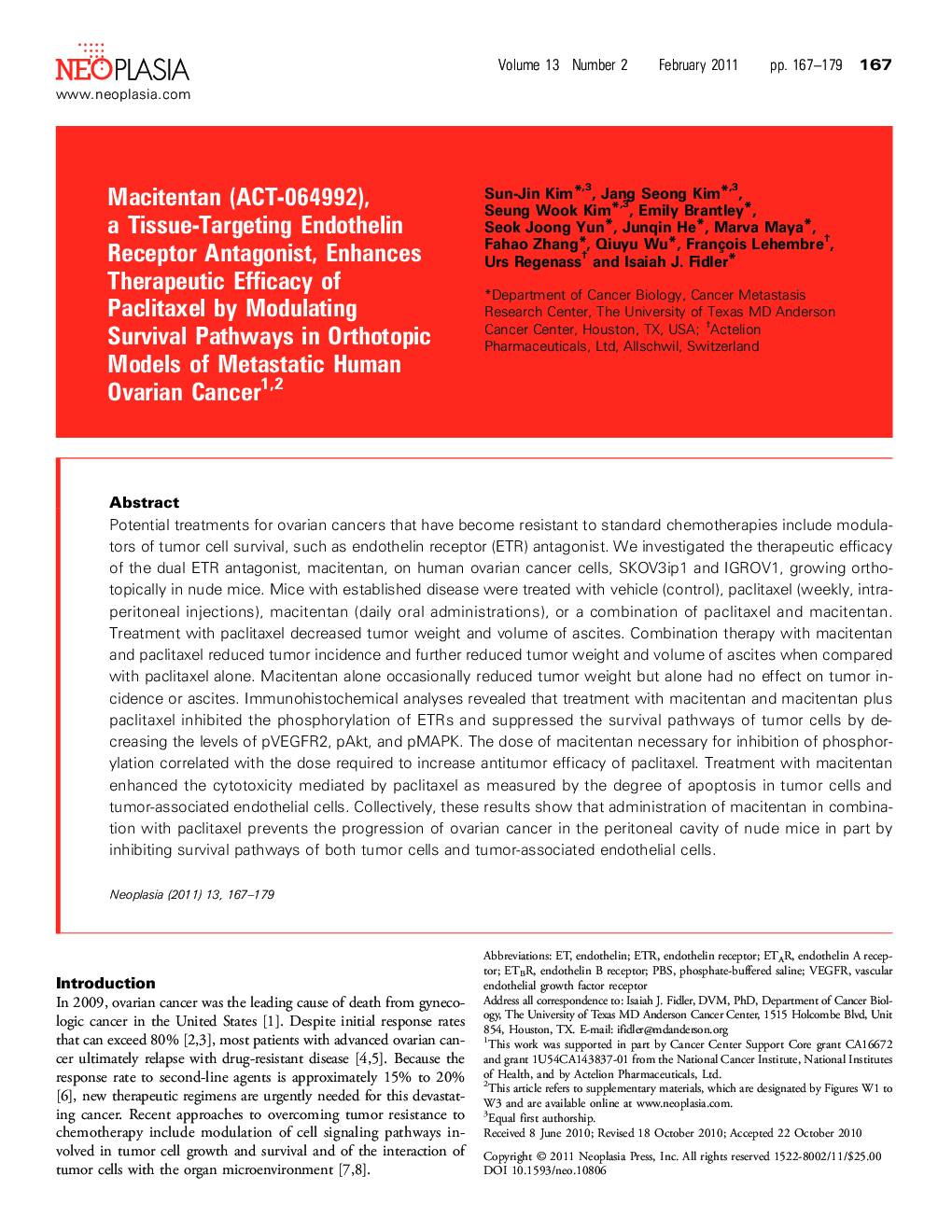 Macitentan (ACT-064992), a Tissue-Targeting Endothelin Receptor Antagonist, Enhances Therapeutic Efficacy of Paclitaxel by Modulating Survival Pathways in Orthotopic Models of Metastatic Human Ovarian Cancer