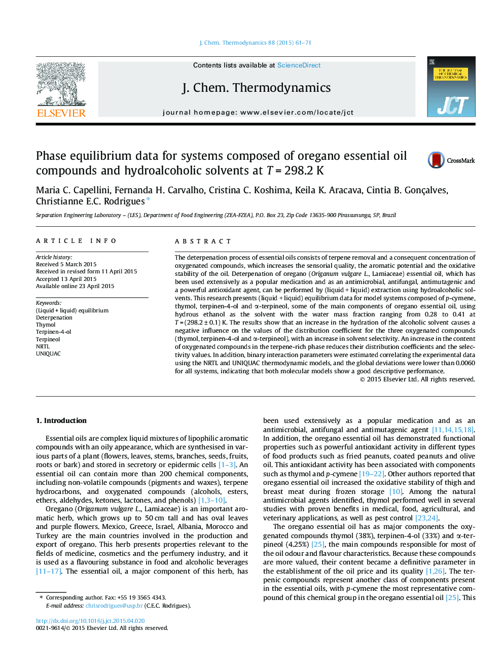 Phase equilibrium data for systems composed of oregano essential oil compounds and hydroalcoholic solvents at T = 298.2 K