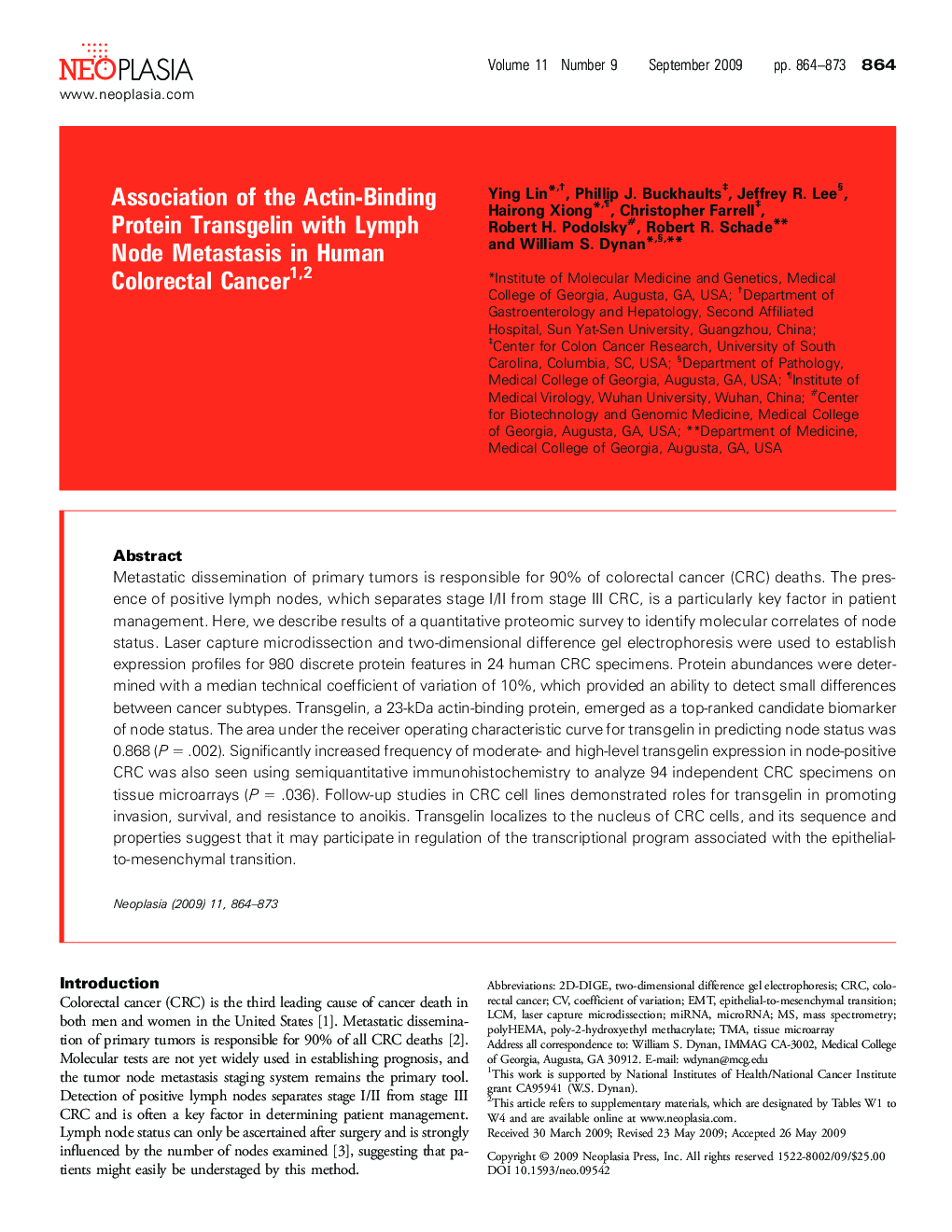 Association of the Actin-Binding Protein Transgelin with Lymph Node Metastasis in Human Colorectal Cancer