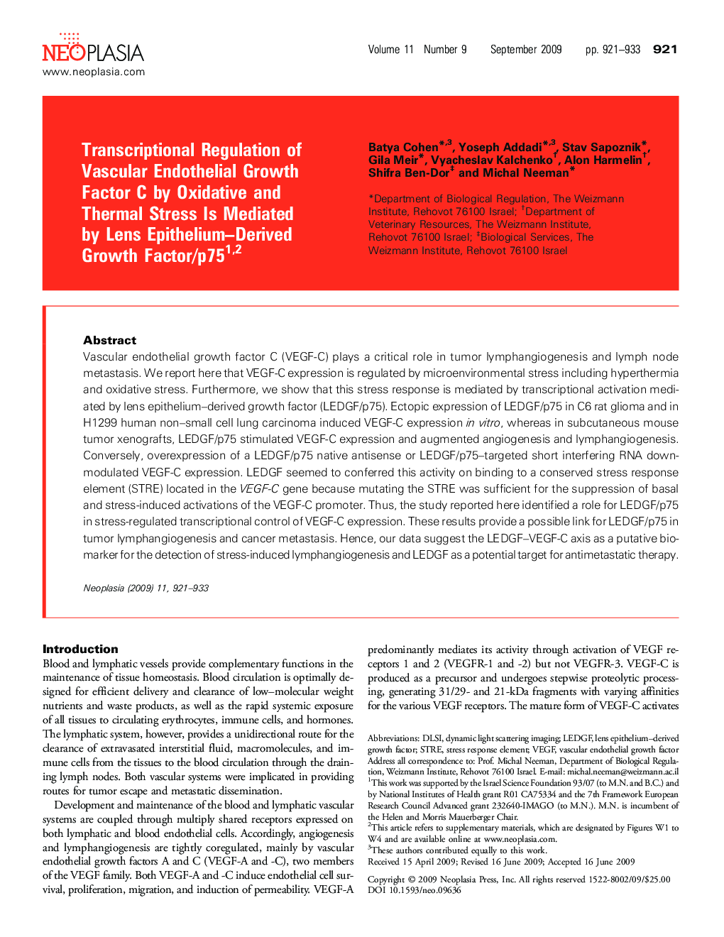 Transcriptional Regulation of Vascular Endothelial Growth Factor C by Oxidative and Thermal Stress Is Mediated by Lens Epithelium-Derived Growth Factor/p75