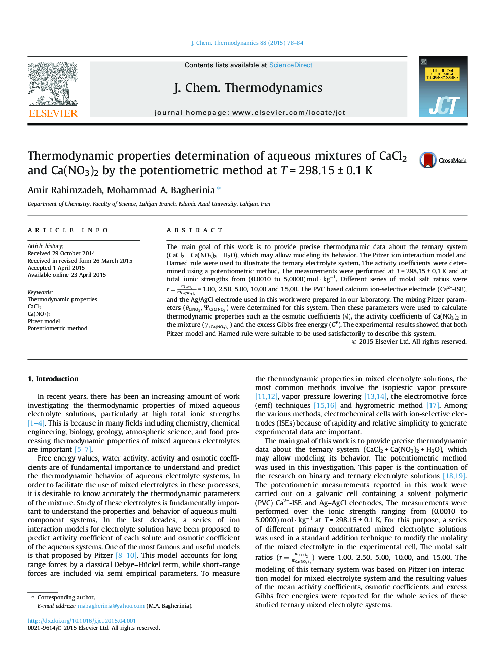 Thermodynamic properties determination of aqueous mixtures of CaCl2 and Ca(NO3)2 by the potentiometric method at T = 298.15 ± 0.1 K