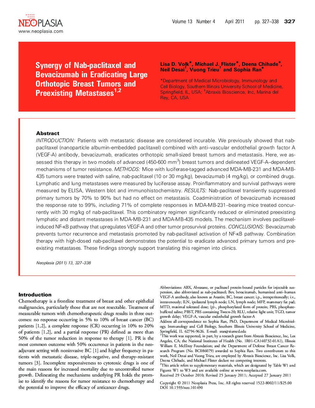 Synergy of Nab-paclitaxel and Bevacizumab in Eradicating Large Orthotopic Breast Tumors and Preexisting Metastases