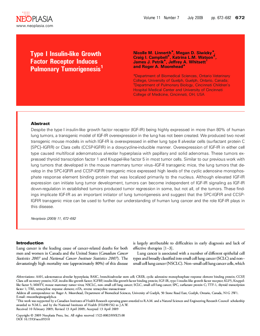 Type I Insulin-like Growth Factor Receptor Induces Pulmonary Tumorigenesis