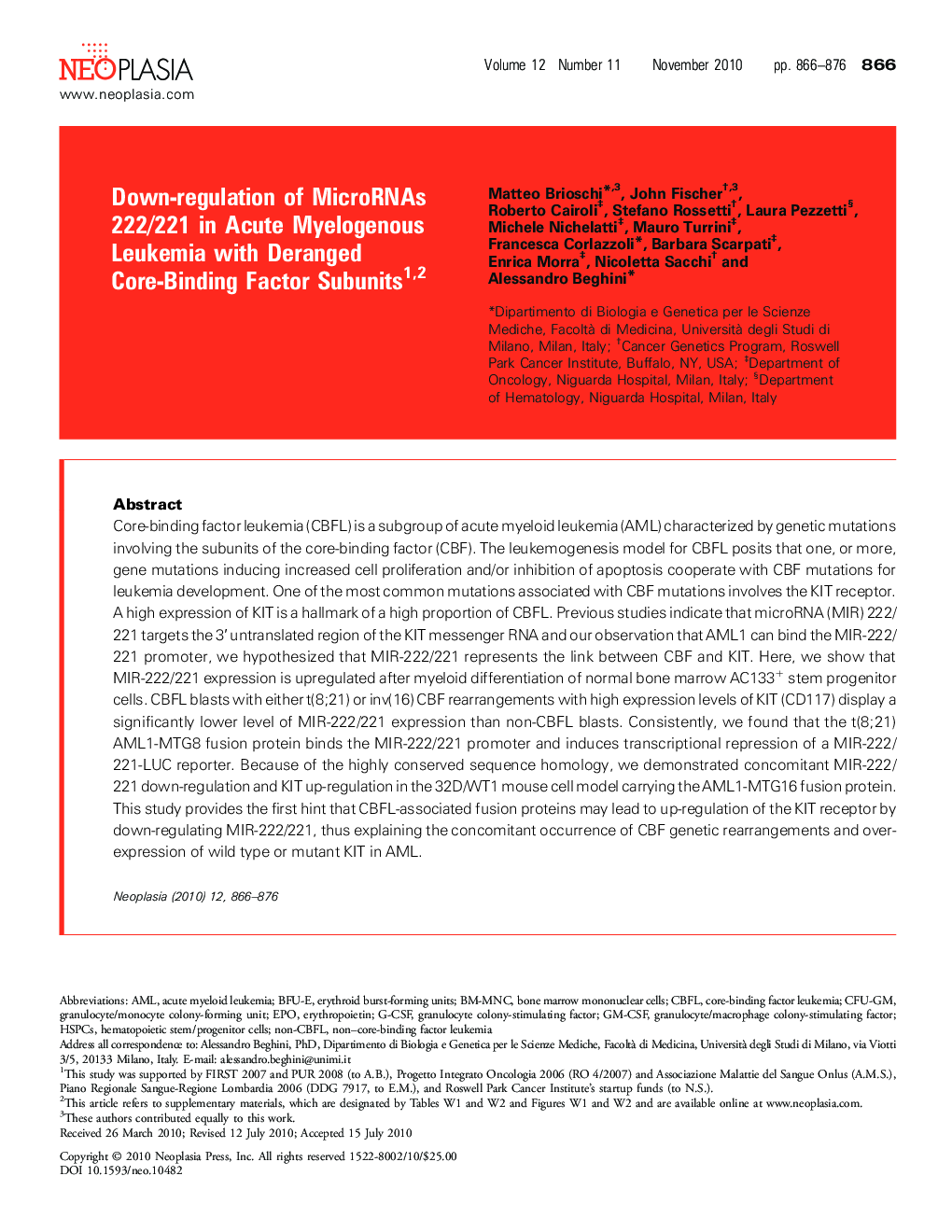 Down-regulation of MicroRNAs 222/221 in Acute Myelogenous Leukemia with Deranged Core-Binding Factor Subunits