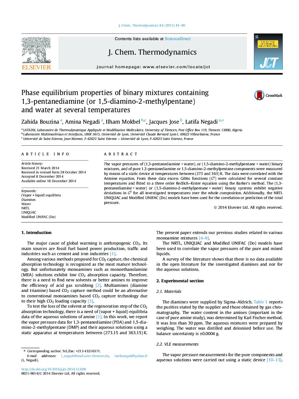 Phase equilibrium properties of binary mixtures containing 1,3-pentanediamine (or 1,5-diamino-2-methylpentane) and water at several temperatures