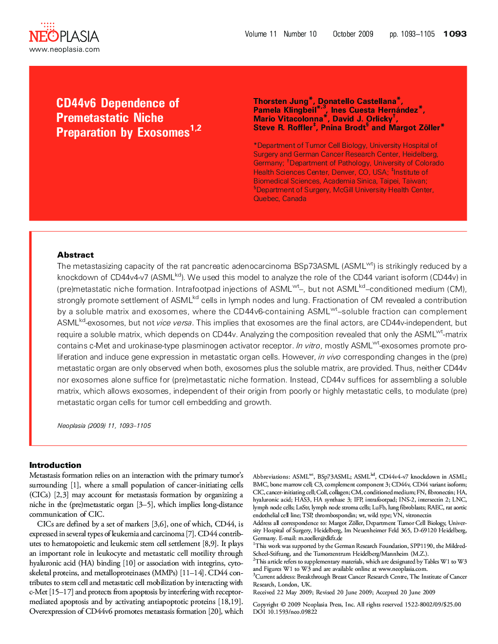 CD44v6 Dependence of Premetastatic Niche Preparation by Exosomes