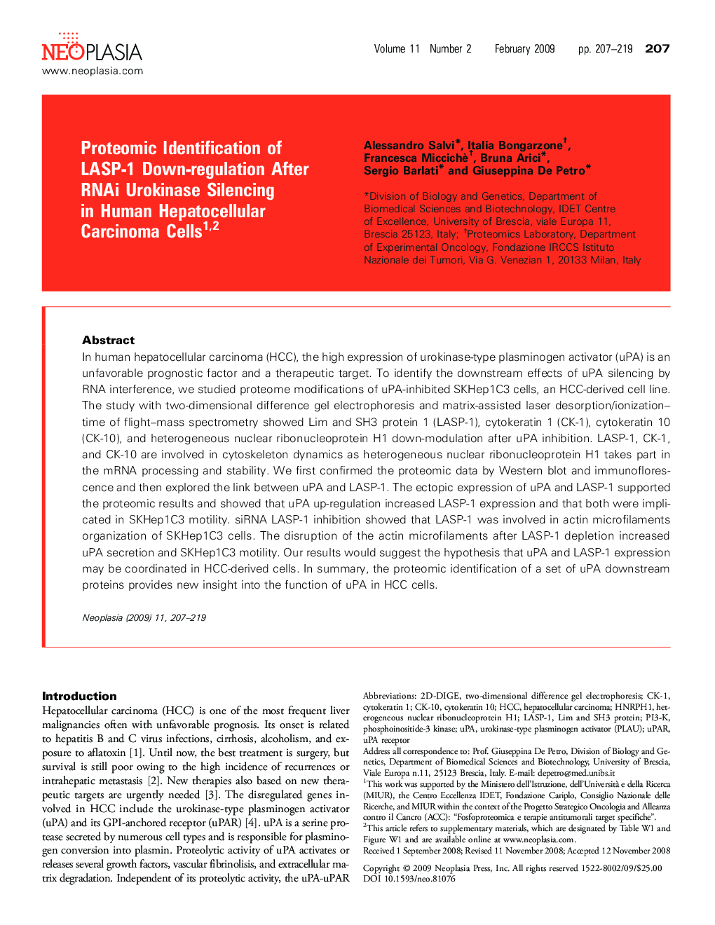 عکس صفحه اول مقاله: Proteomic Identification of LASP-1 Down-regulation After RNAi Urokinase Silencing in Human Hepatocellular Carcinoma Cells Proteomic Identification of LASP-1 Down-regulation After RNAi Urokinase Silencing in Human Hepatocellular Carcinoma Cells